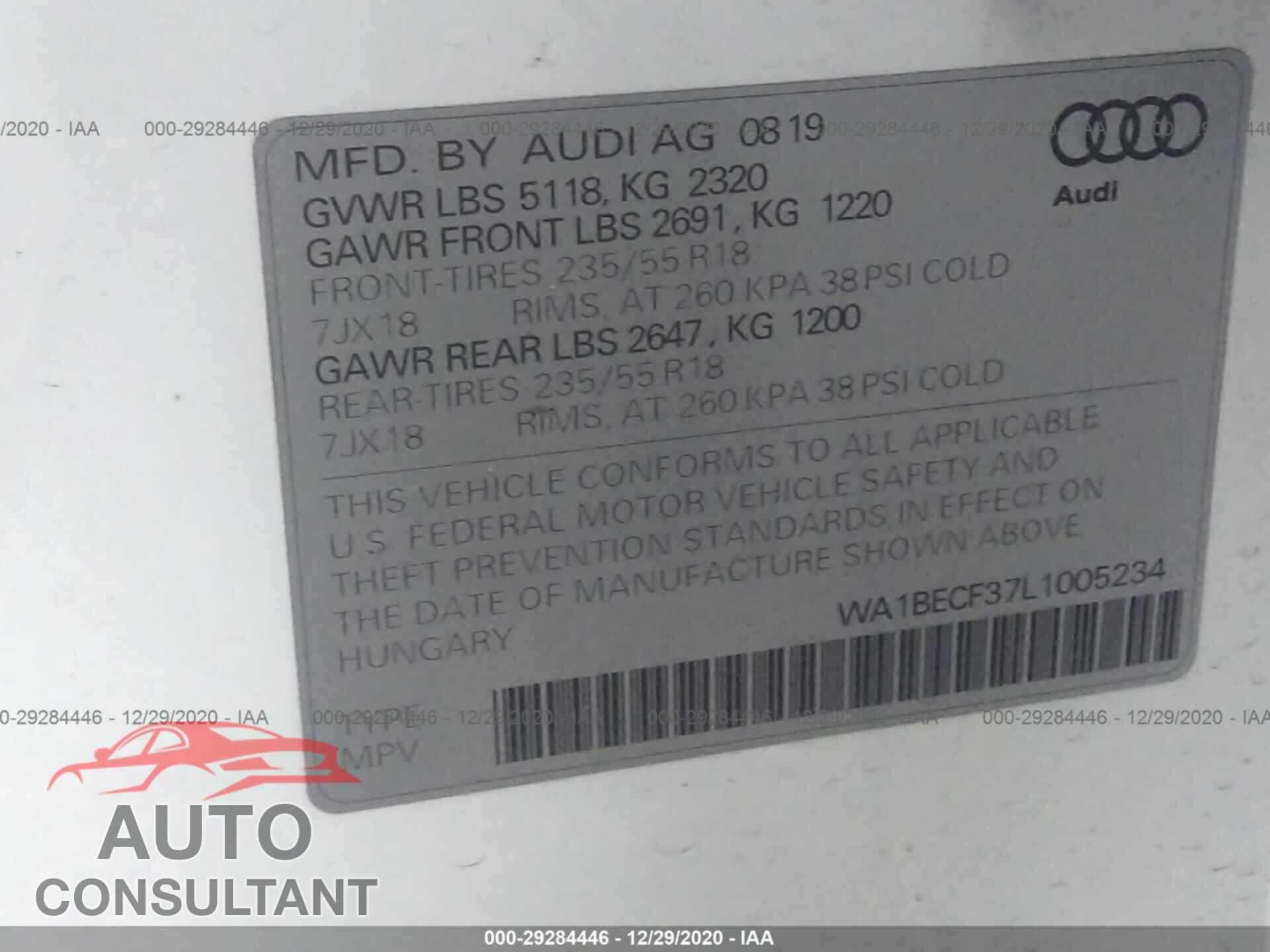 AUDI Q3 2020 - WA1BECF37L1005234