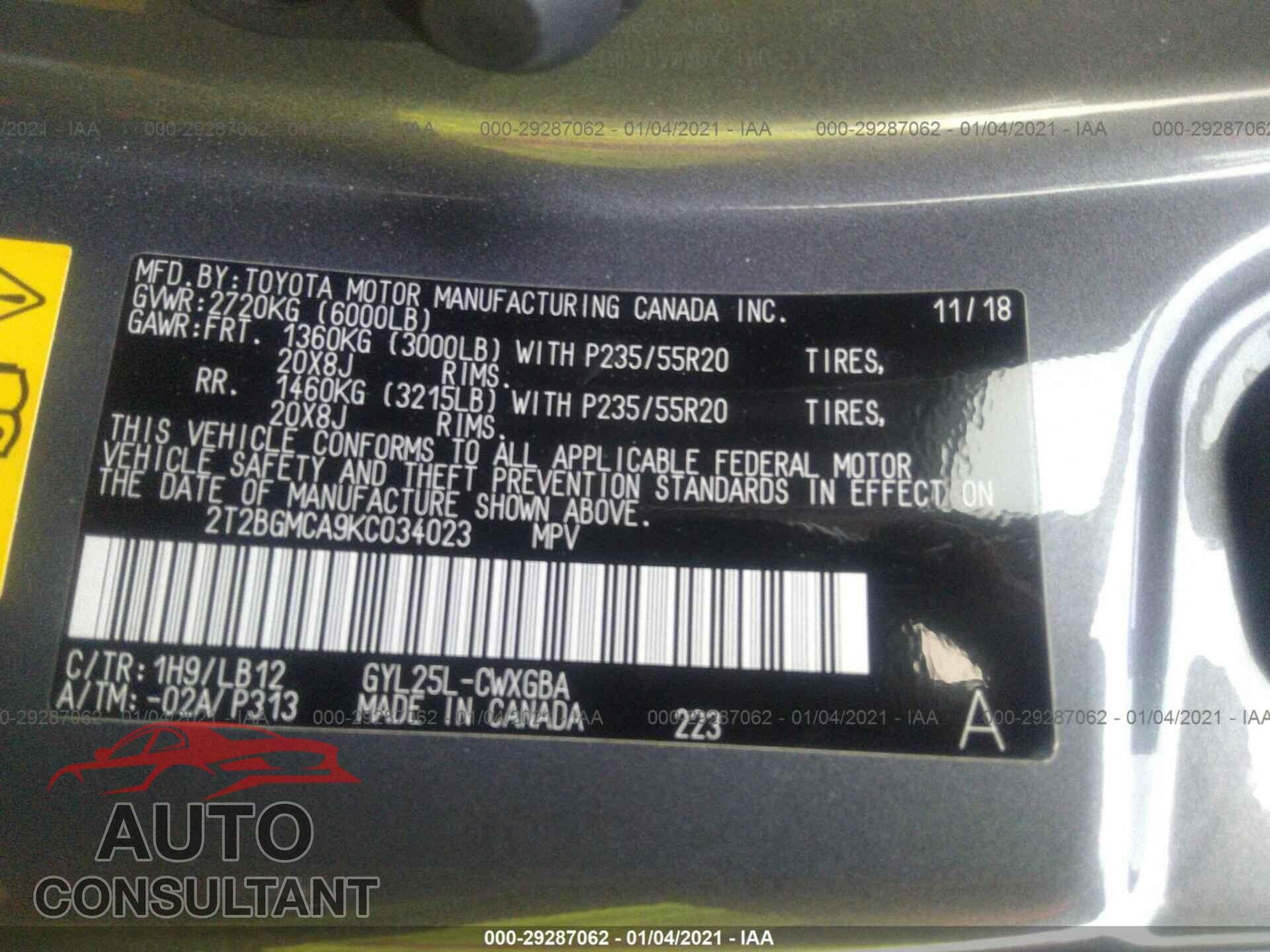 LEXUS RX 2019 - 2T2BGMCA9KC034023