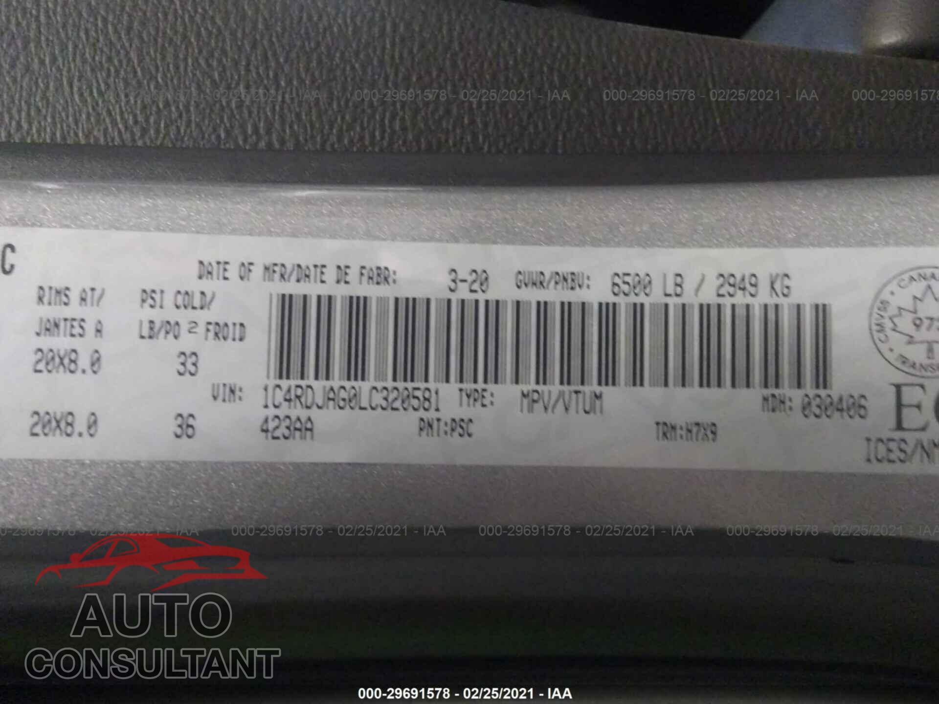 DODGE DURANGO 2020 - 1C4RDJAG0LC320581