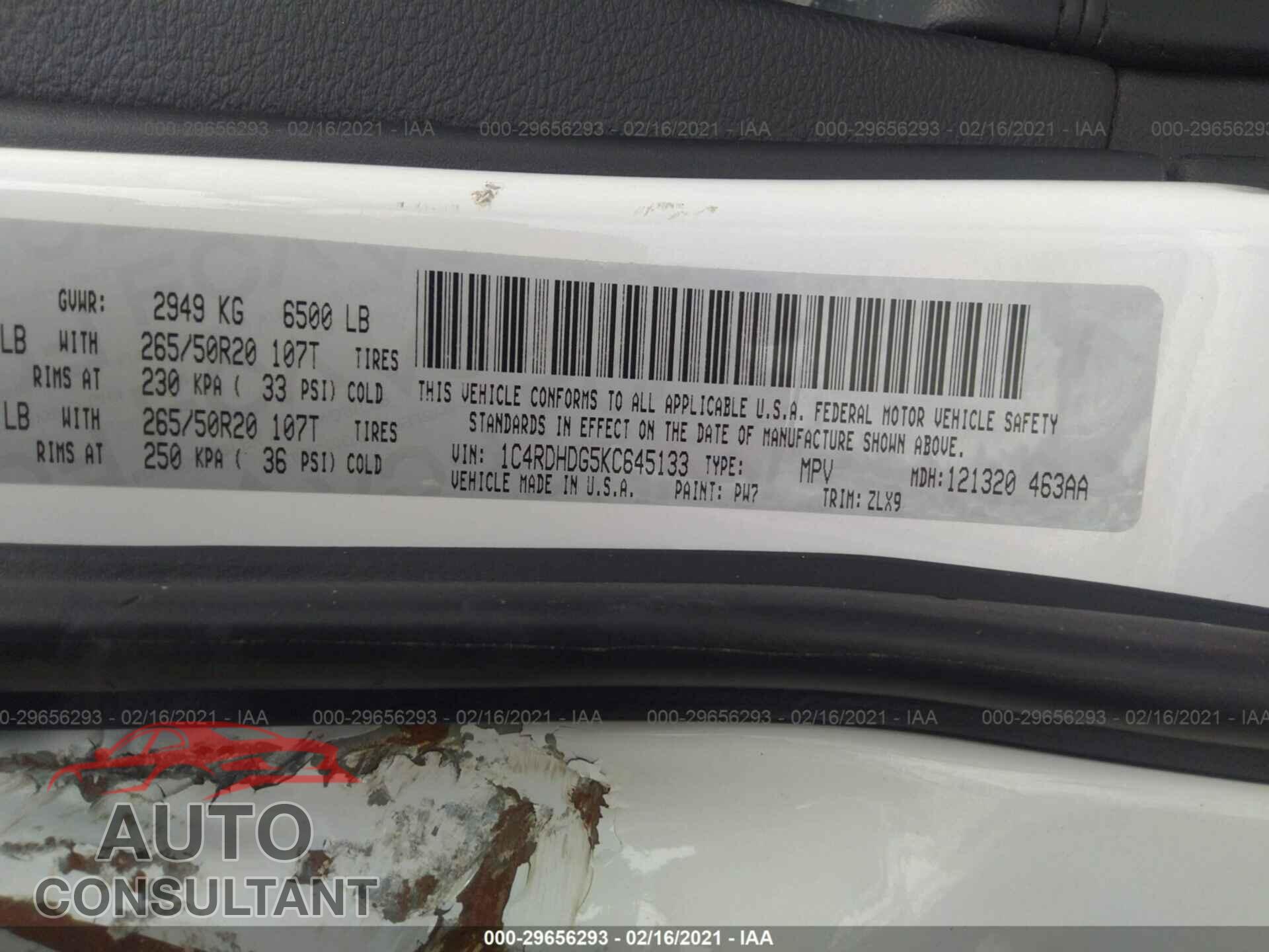 DODGE DURANGO 2019 - 1C4RDHDG5KC645133