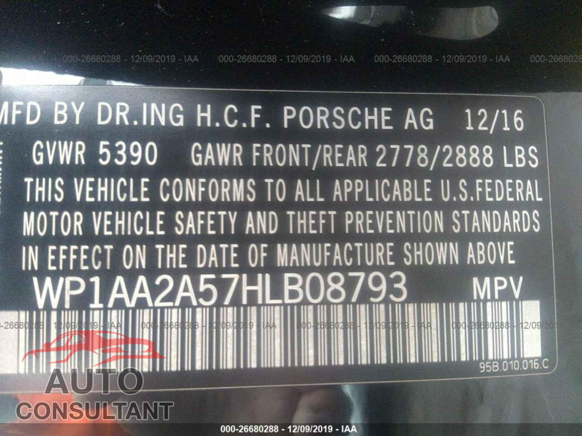 PORSCHE MACAN 2017 - WP1AA2A57HLB08793