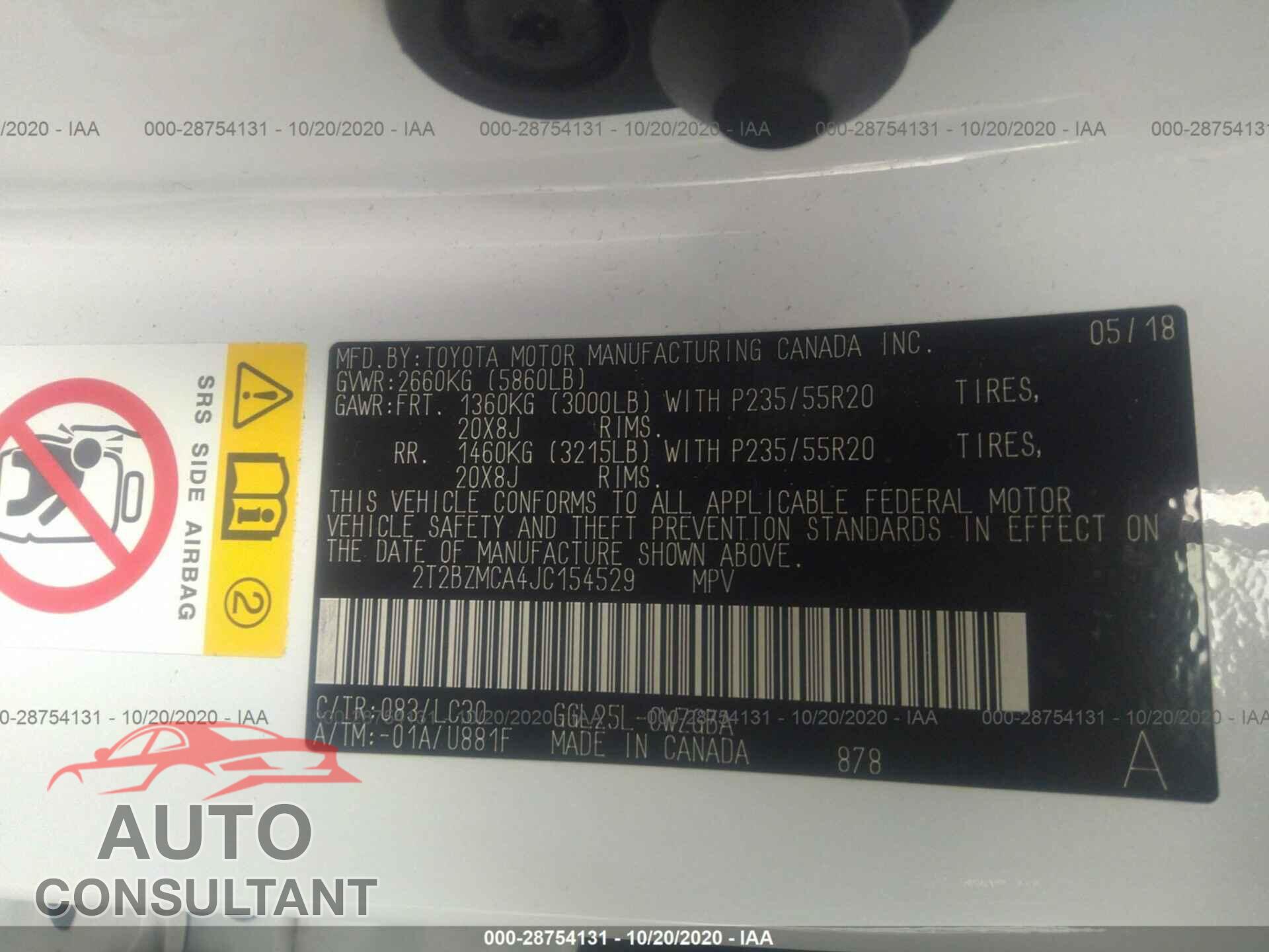 LEXUS RX 2018 - 2T2BZMCA4JC154529