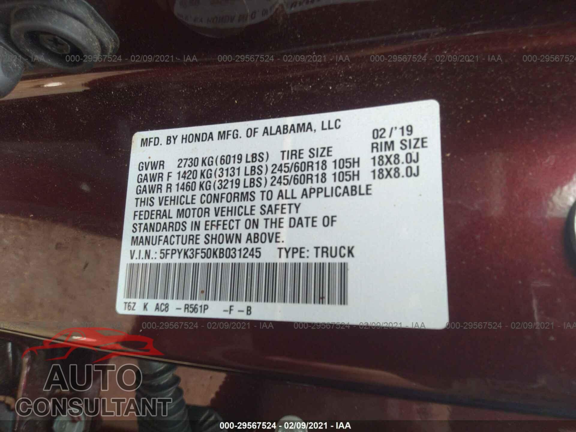 HONDA RIDGELINE 2019 - 5FPYK3F50KB031245