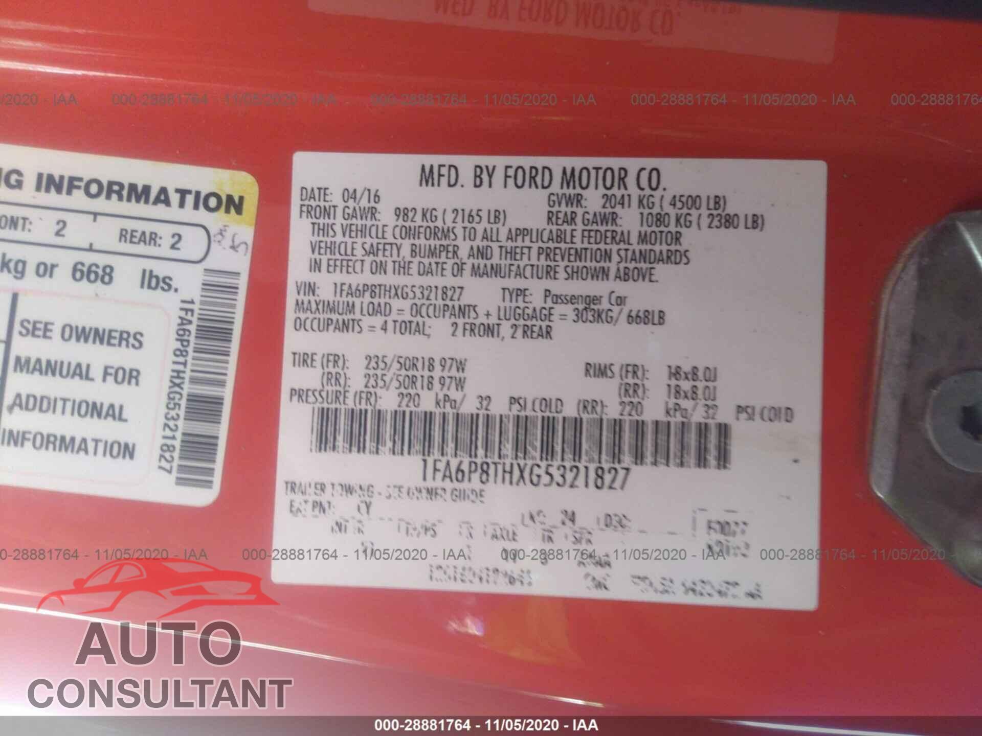 FORD MUSTANG 2016 - 1FA6P8THXG5321827