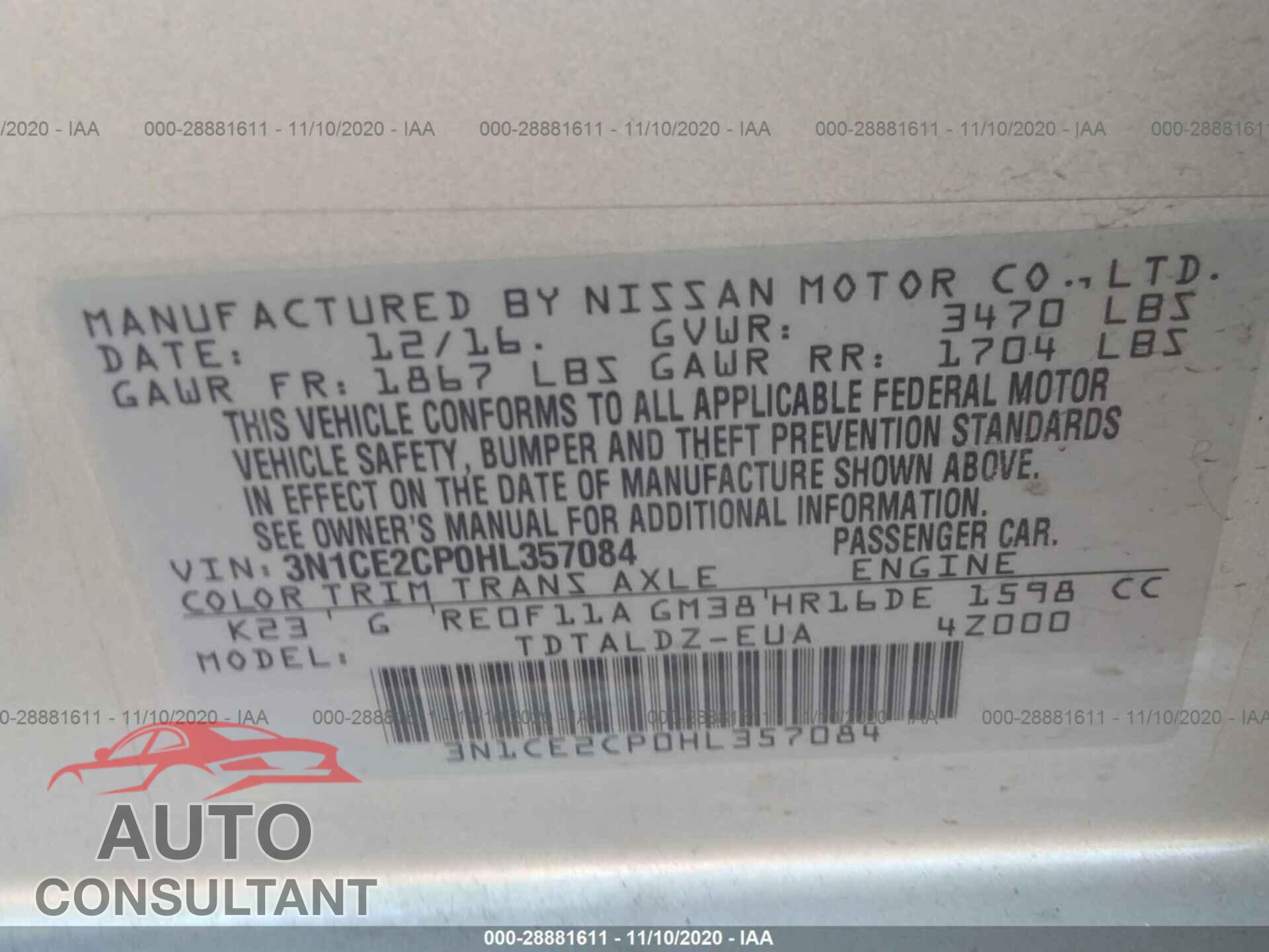 NISSAN VERSA NOTE 2017 - 3N1CE2CP0HL357084