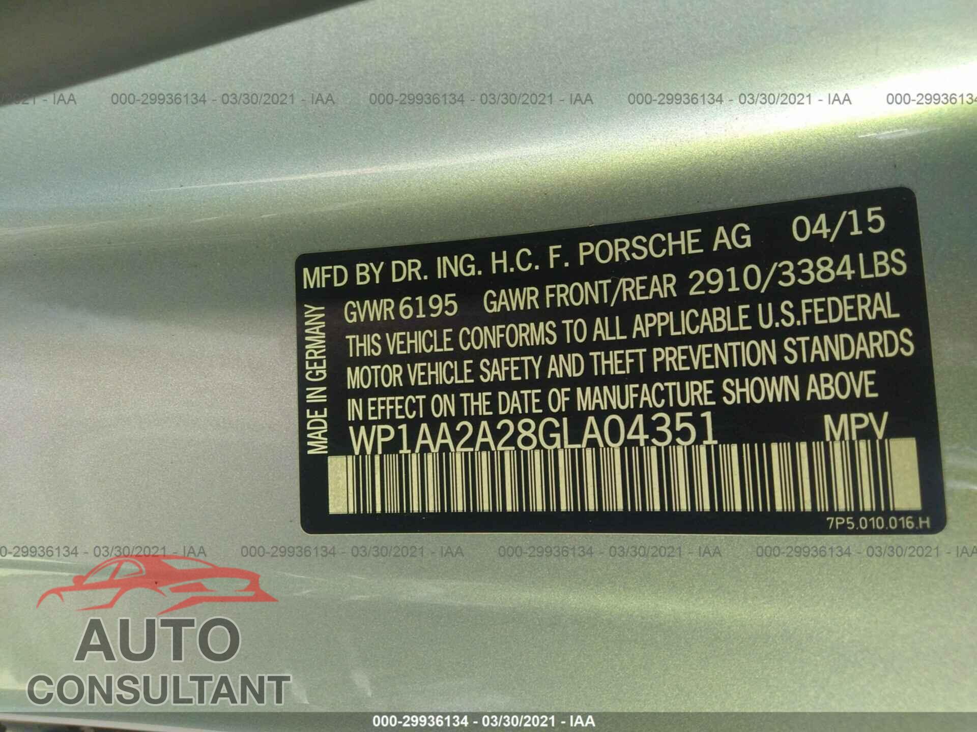 PORSCHE CAYENNE 2016 - WP1AA2A28GLA04351