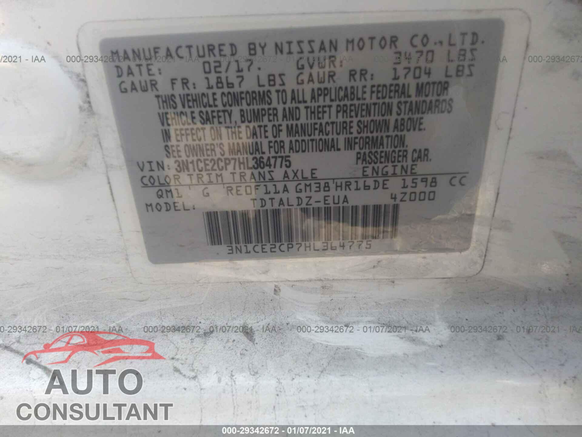 NISSAN VERSA NOTE 2017 - 3N1CE2CP7HL364775