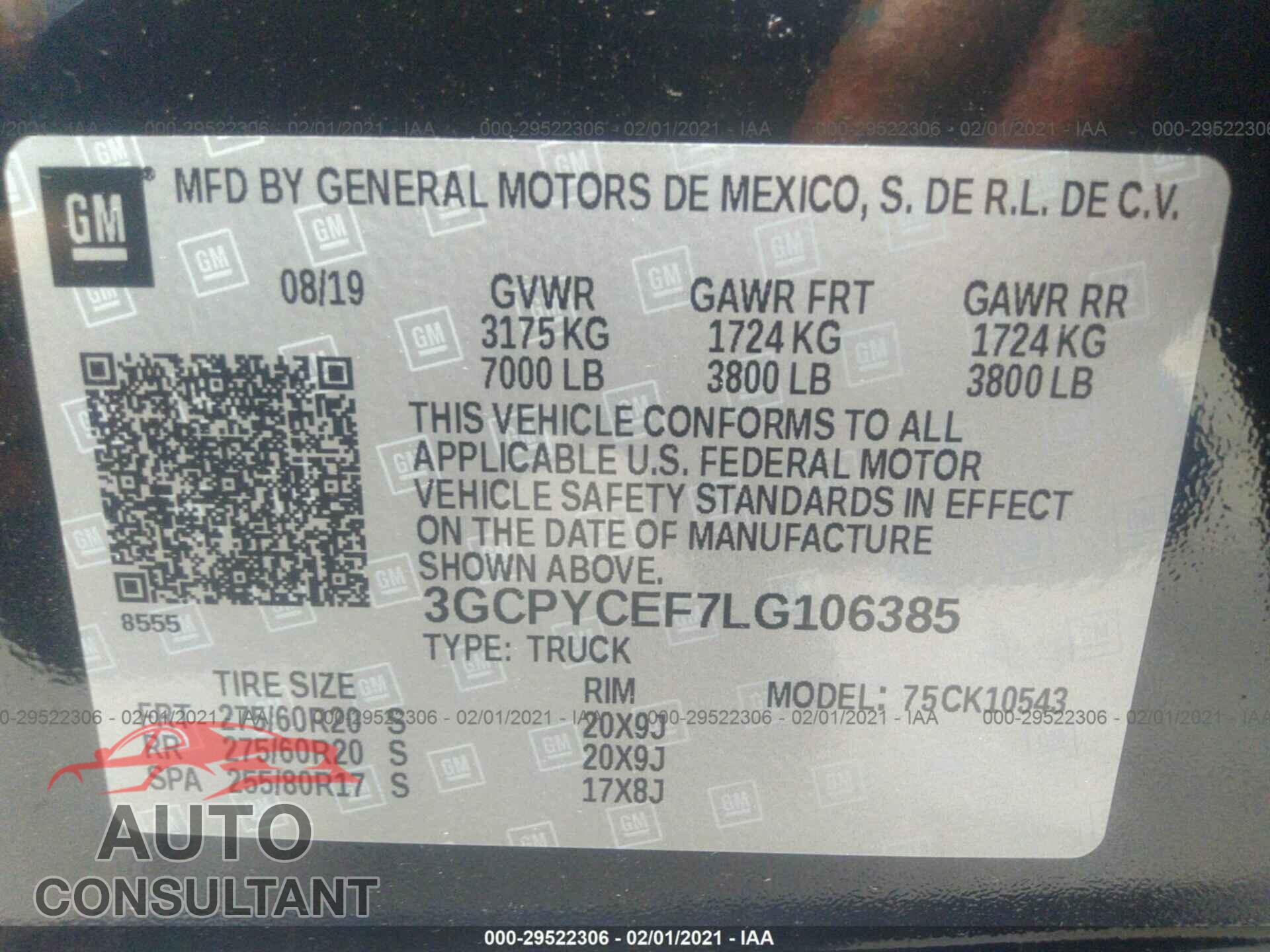 CHEVROLET SILVERADO 1500 2020 - 3GCPYCEF7LG106385