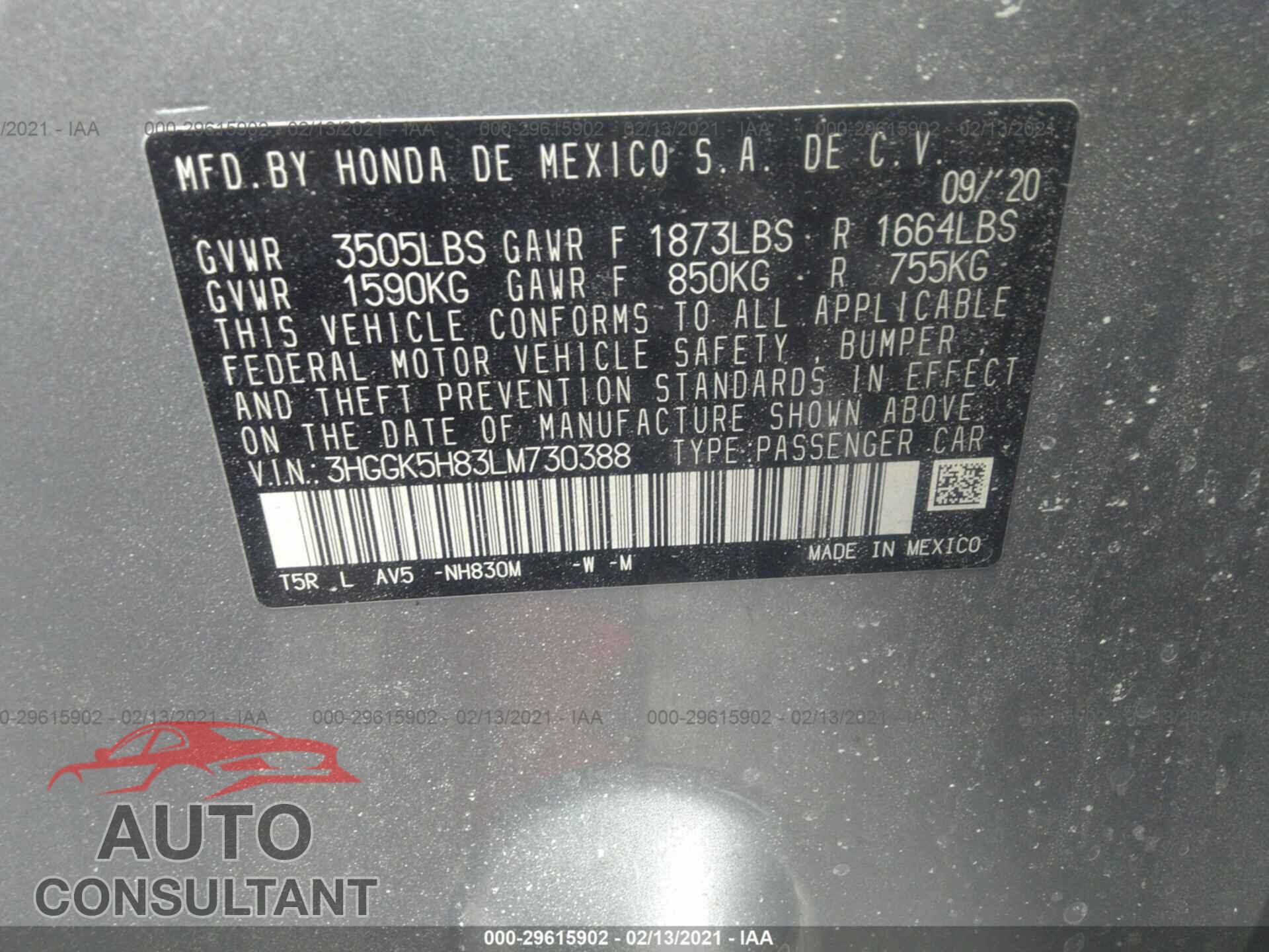 HONDA FIT 2020 - 3HGGK5H83LM730388