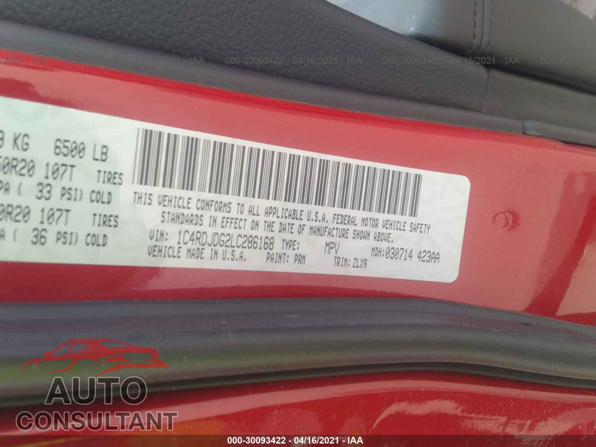 DODGE DURANGO 2020 - 1C4RDJDG2LC286168