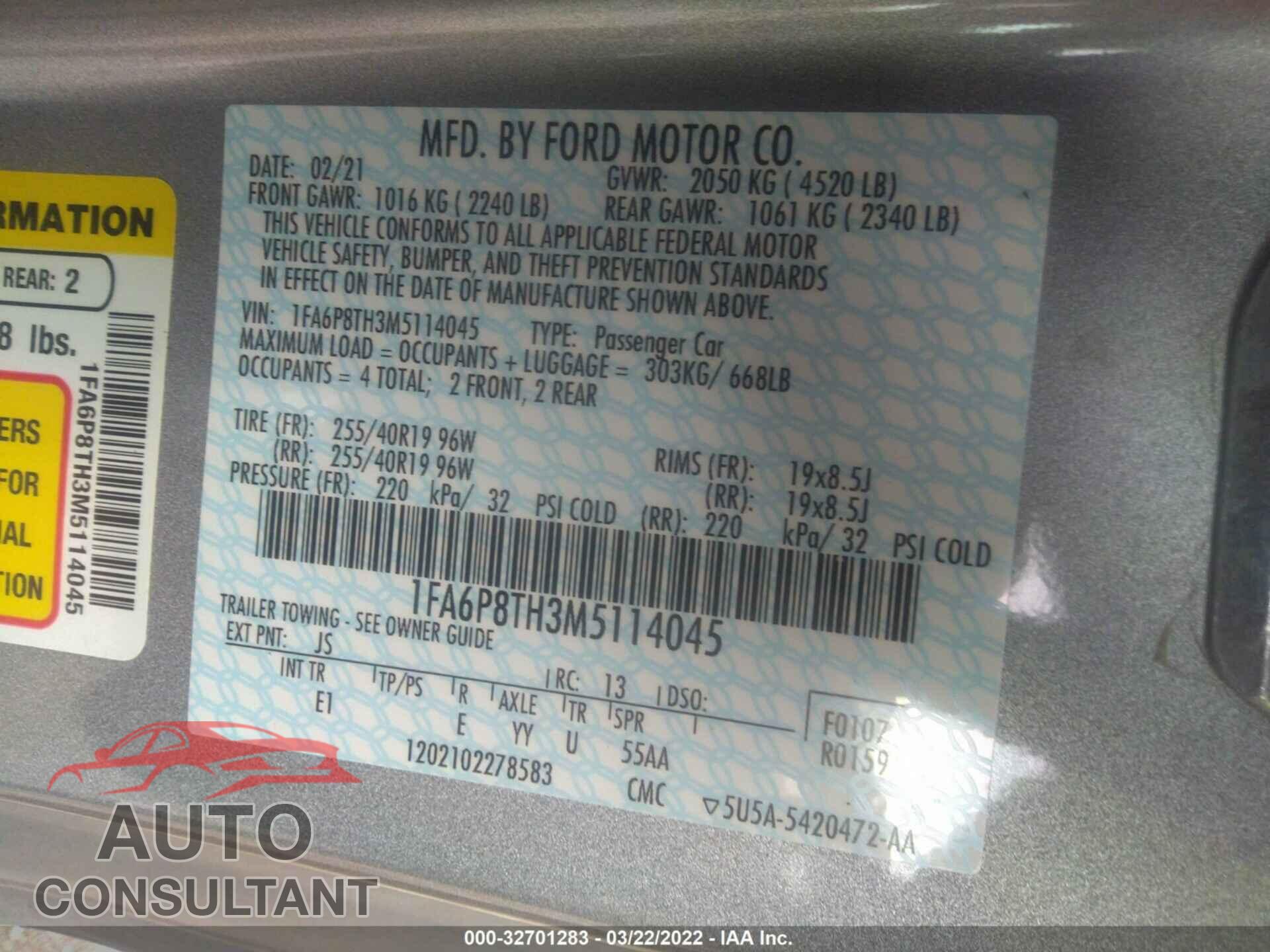 FORD MUSTANG 2021 - 1FA6P8TH3M5114045