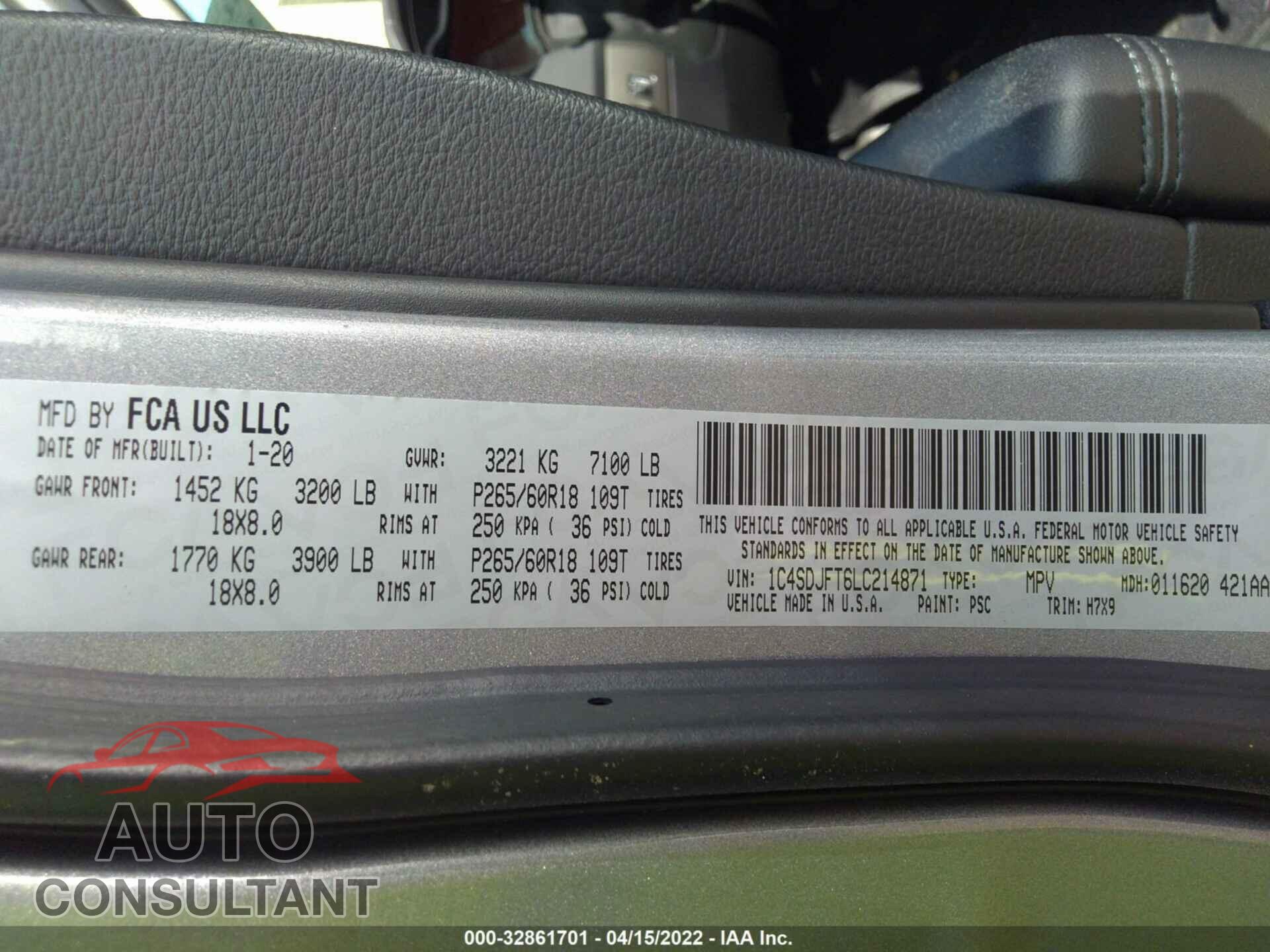 DODGE DURANGO 2020 - 1C4SDJFT6LC214871