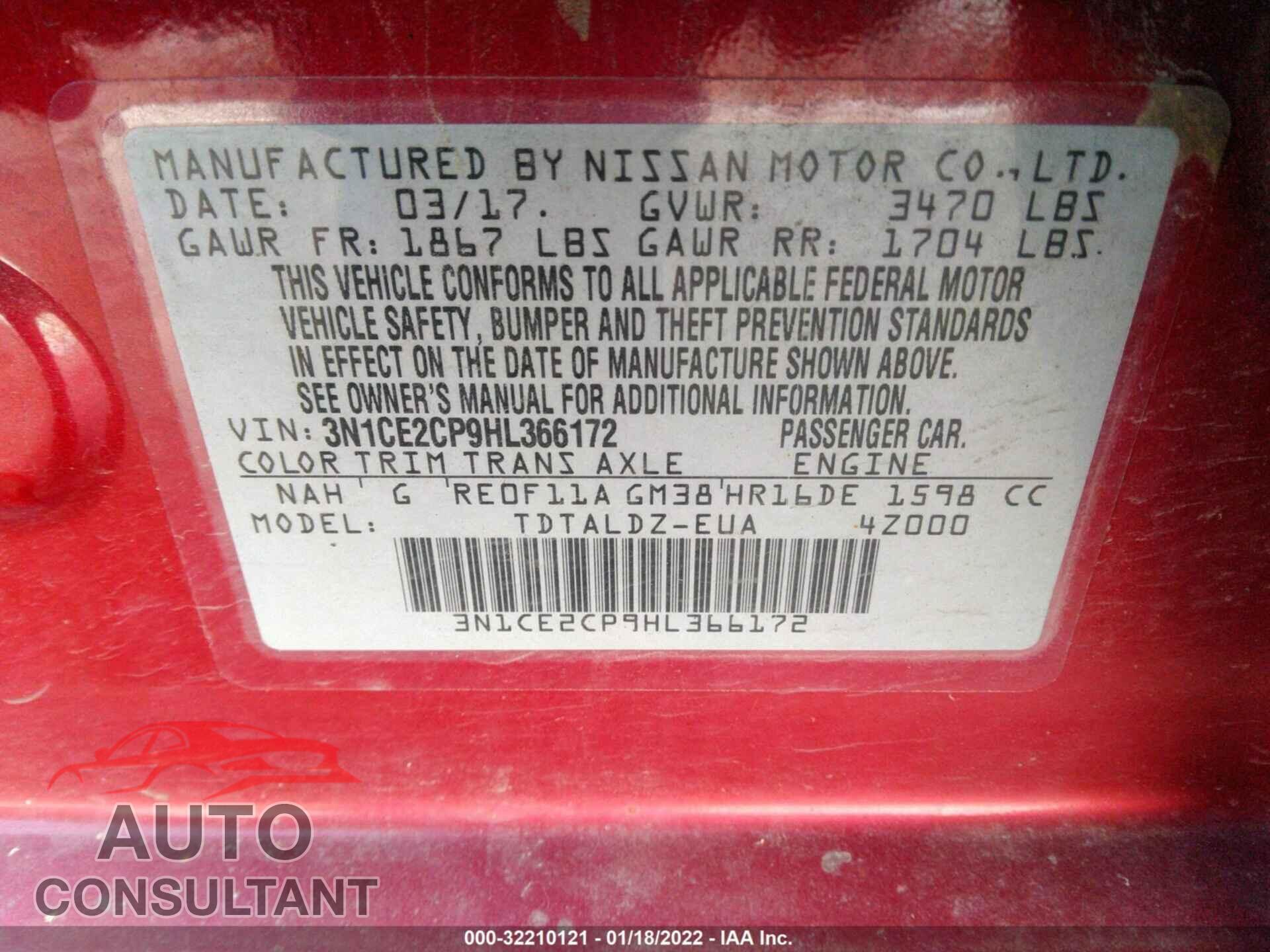 NISSAN VERSA NOTE 2017 - 3N1CE2CP9HL366172