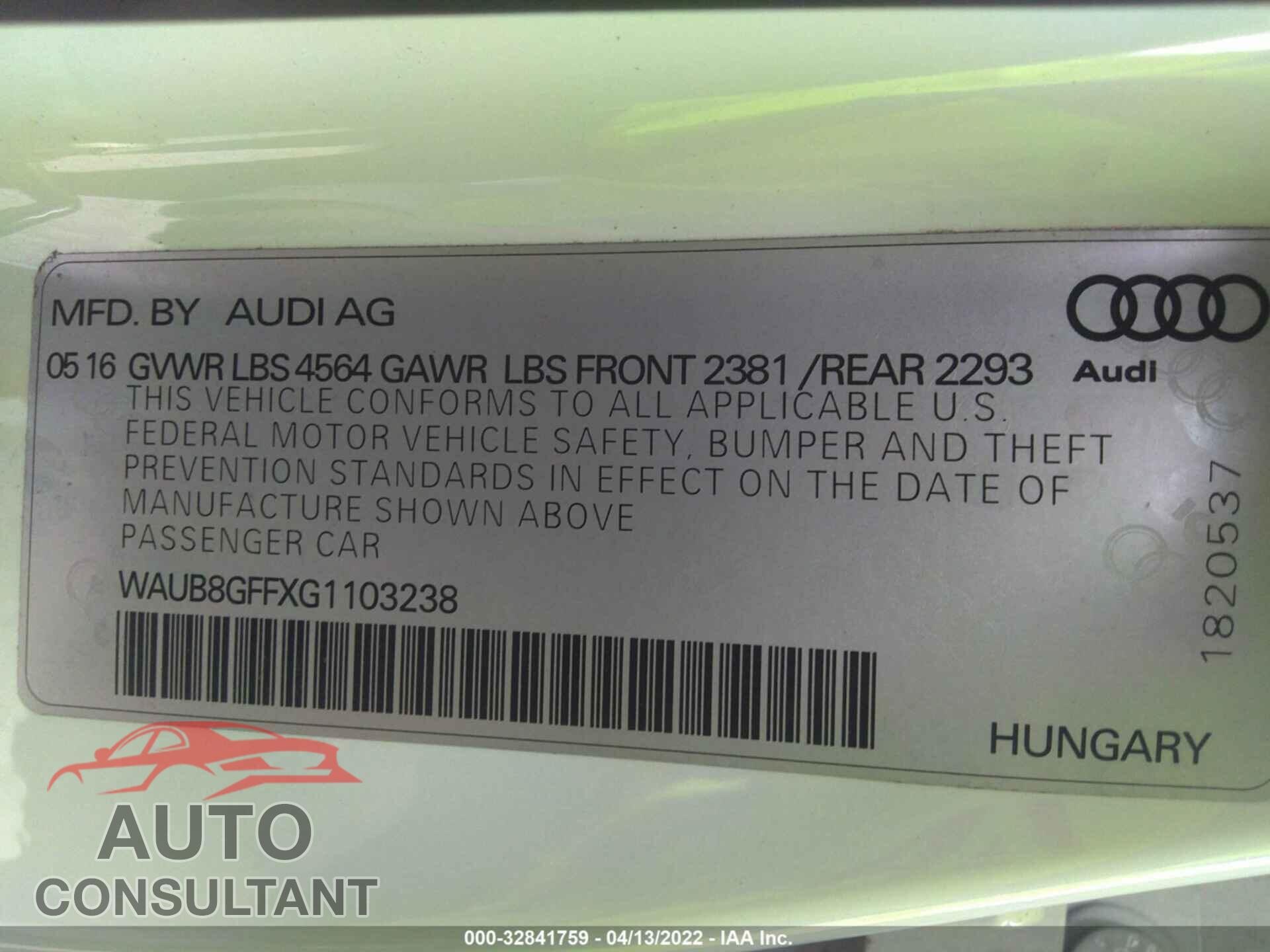 AUDI A3 2016 - WAUB8GFFXG1103238