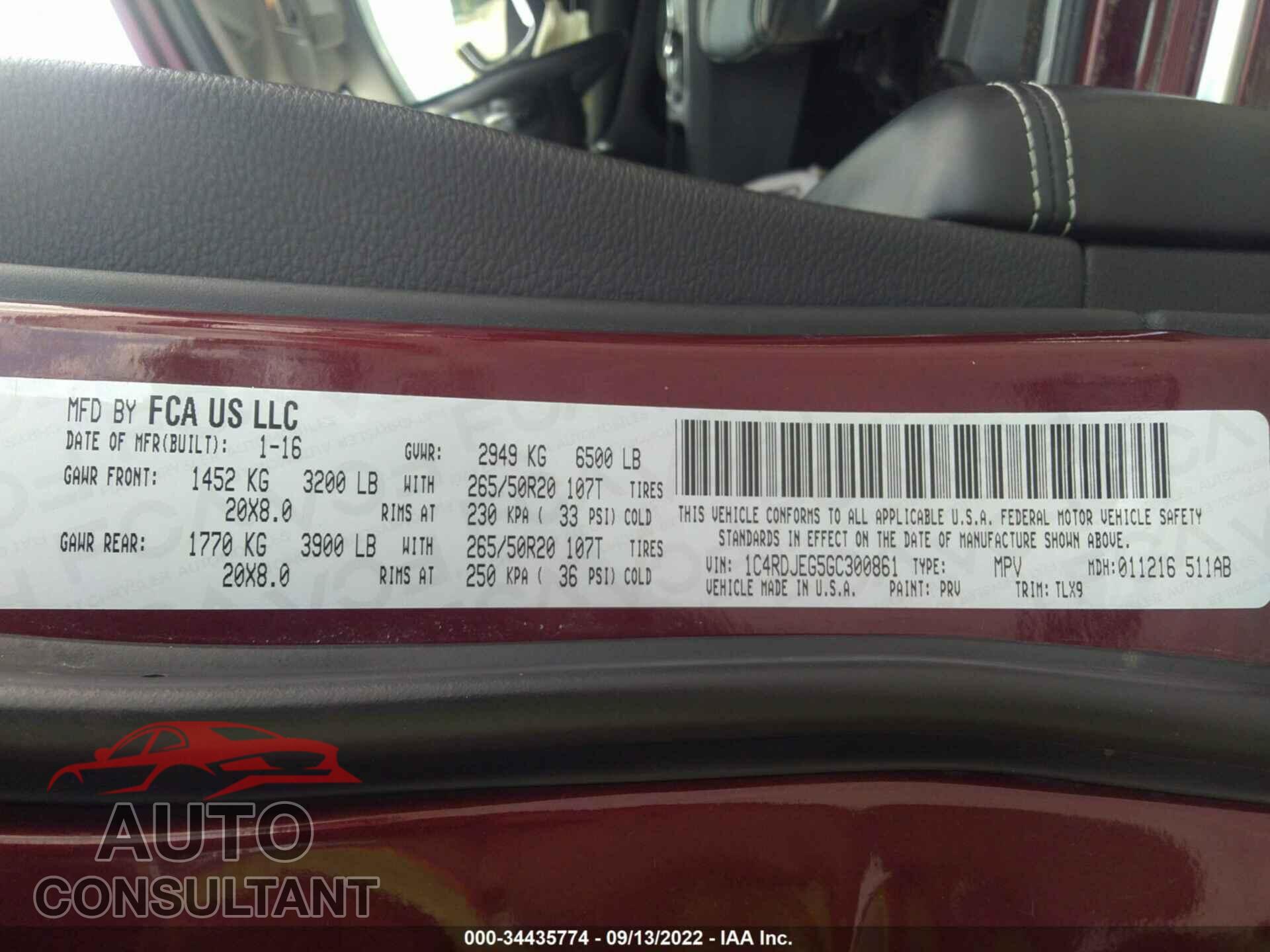DODGE DURANGO 2016 - 1C4RDJEG5GC300861