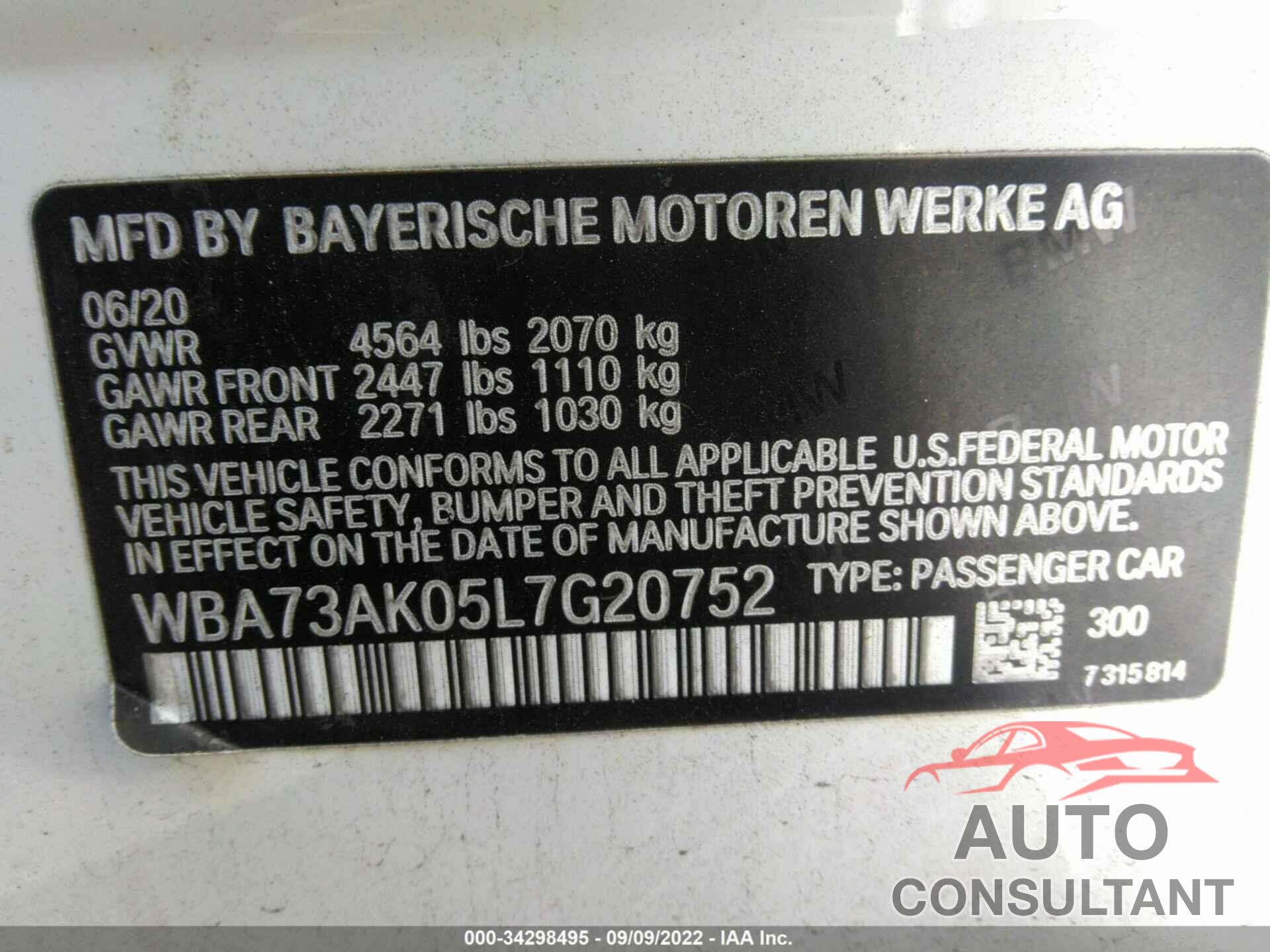 BMW 2 SERIES 2020 - WBA73AK05L7G20752