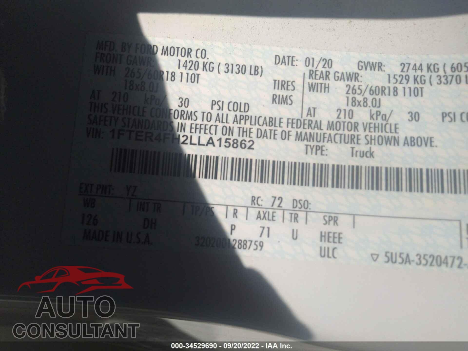 FORD RANGER 2020 - 1FTER4FH2LLA15862