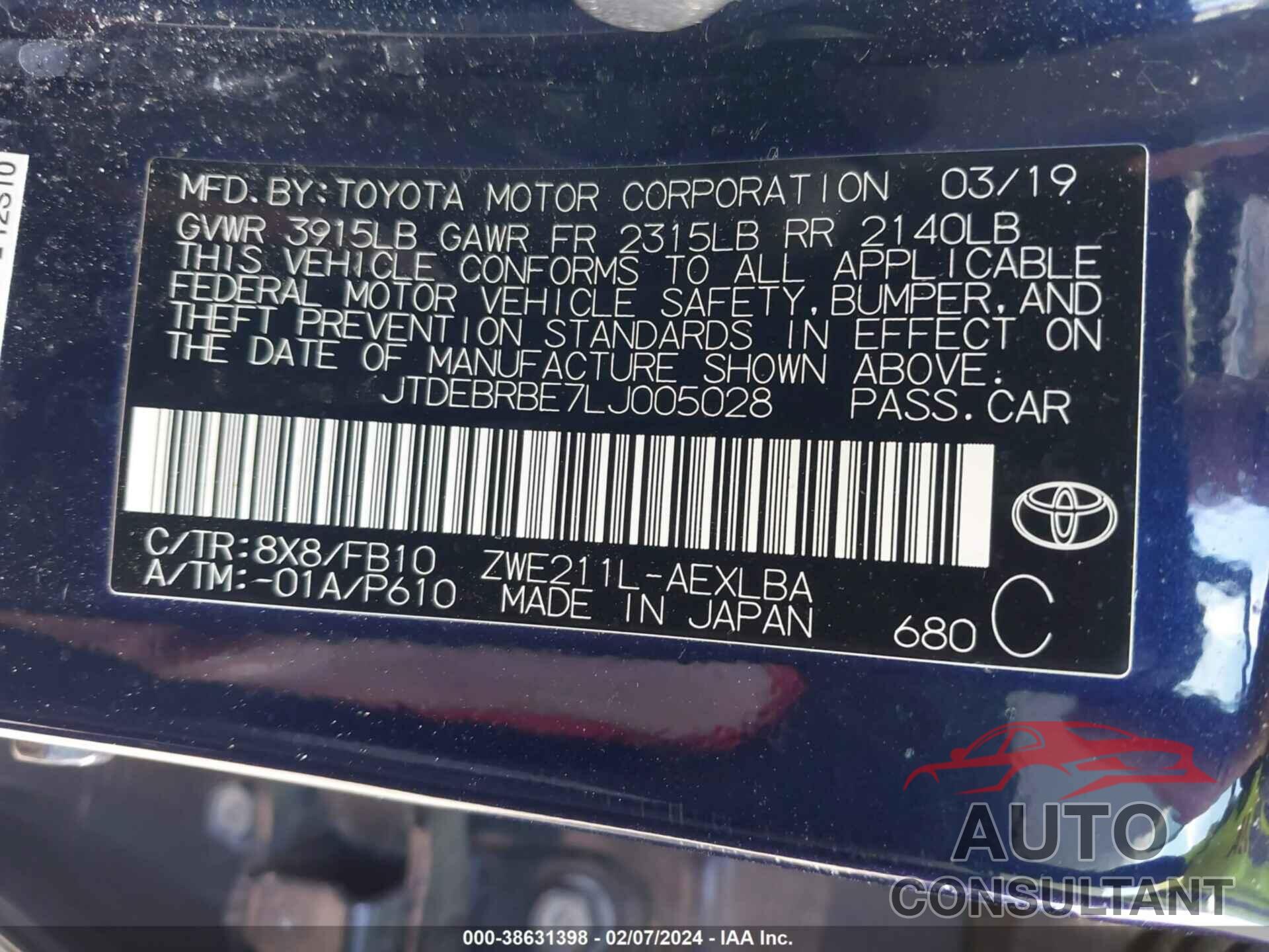 TOYOTA COROLLA 2020 - JTDEBRBE7LJ005028