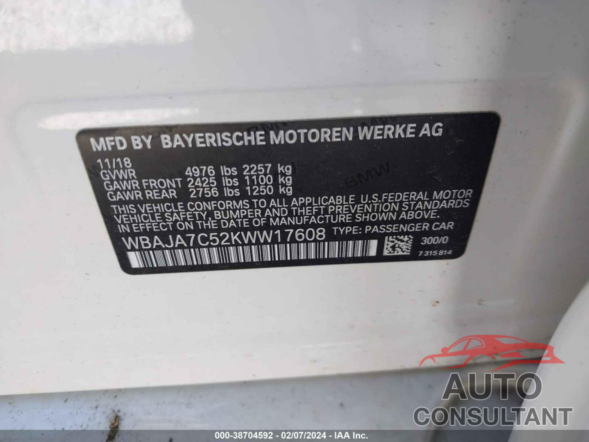 BMW 530I 2019 - WBAJA7C52KWW17608