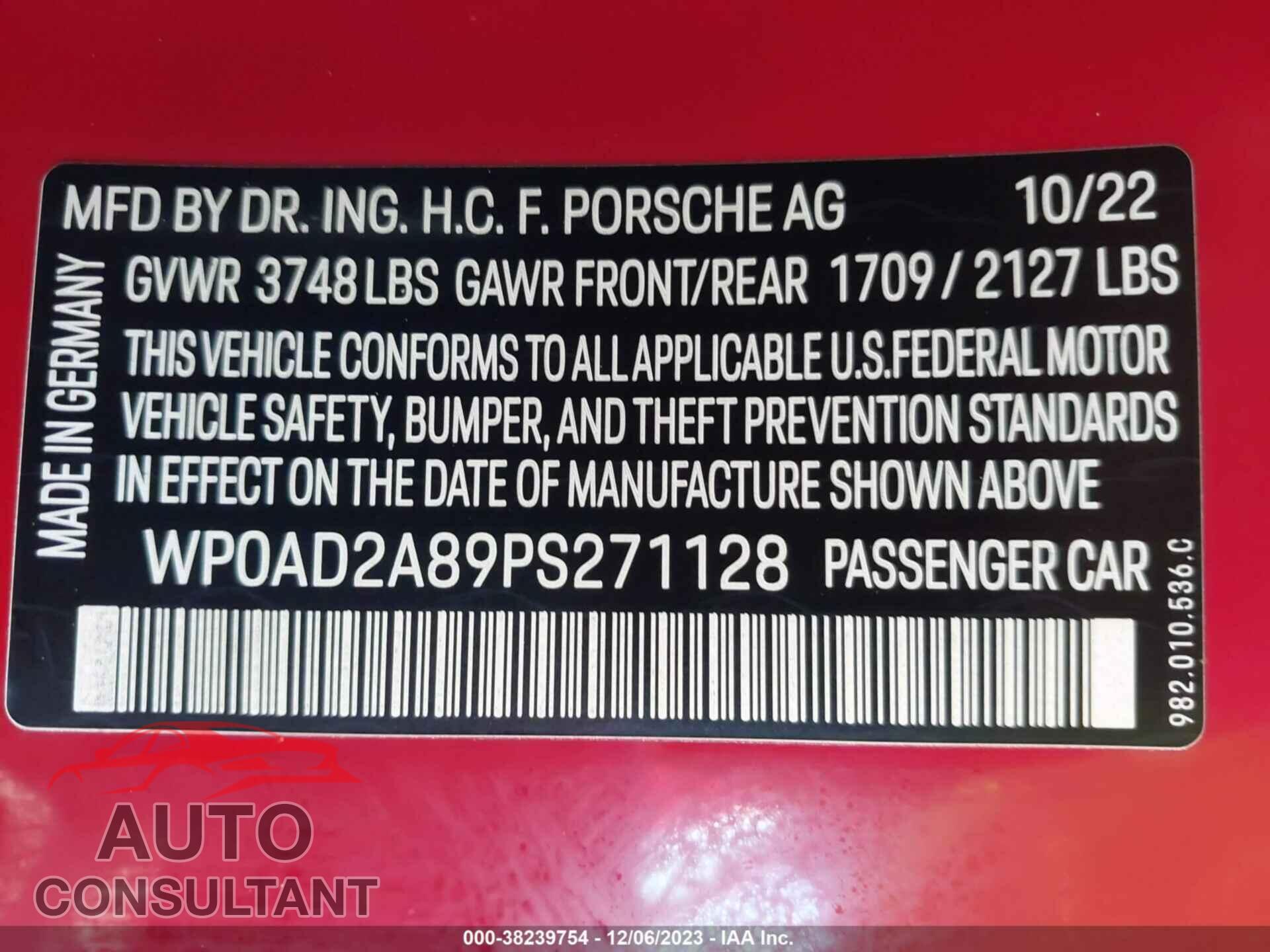 PORSCHE CAYMAN 2023 - WP0AD2A89PS271128