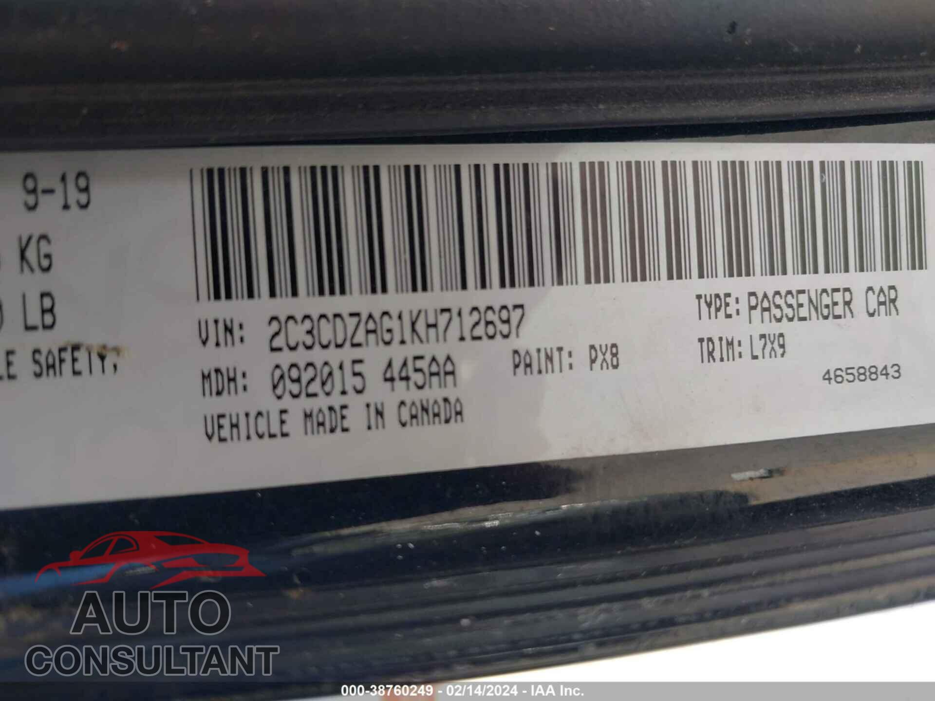 DODGE CHALLENGER 2019 - 2C3CDZAG1KH712697