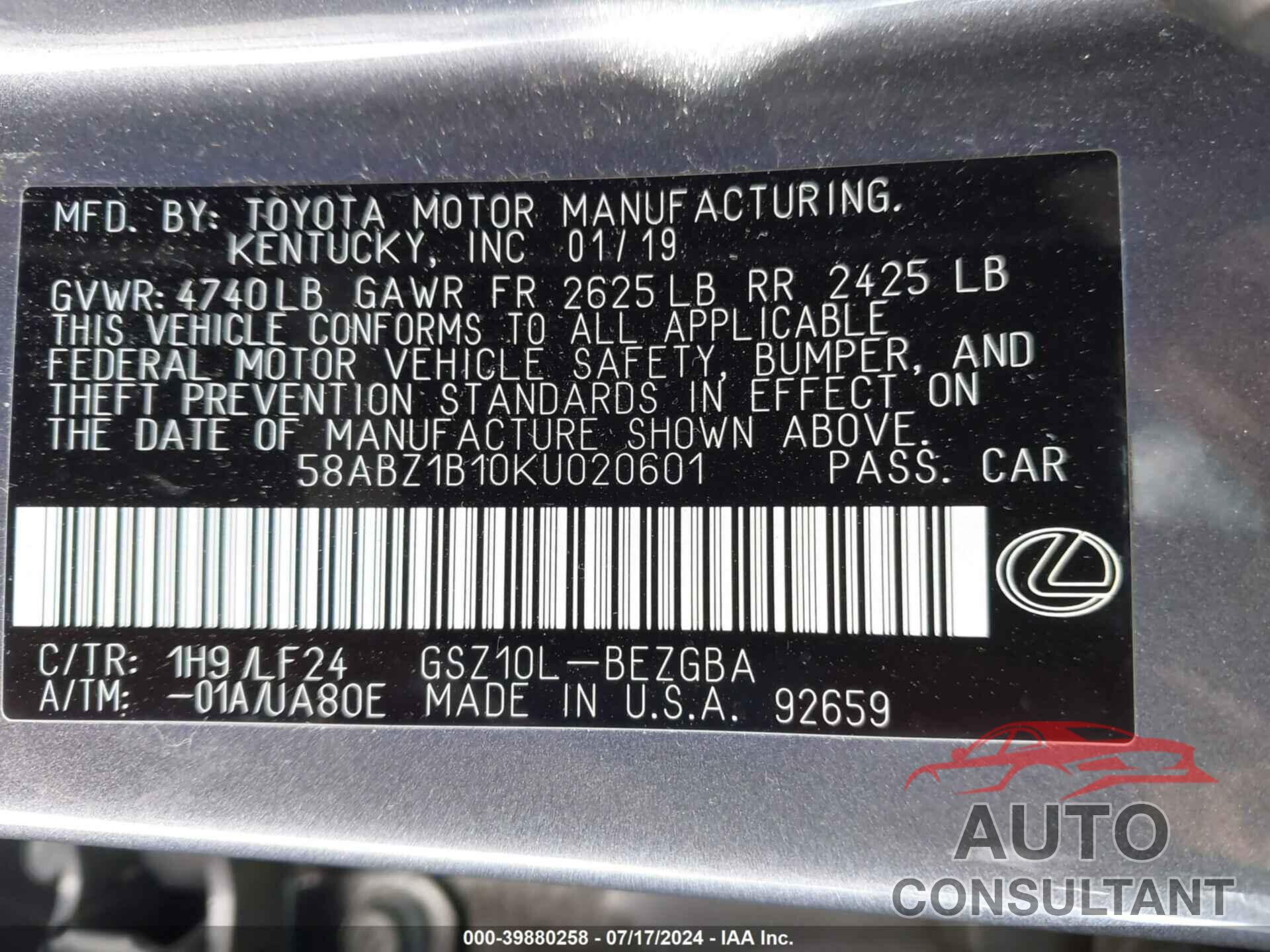 LEXUS ES 350 2019 - 58ABZ1B10KU020601