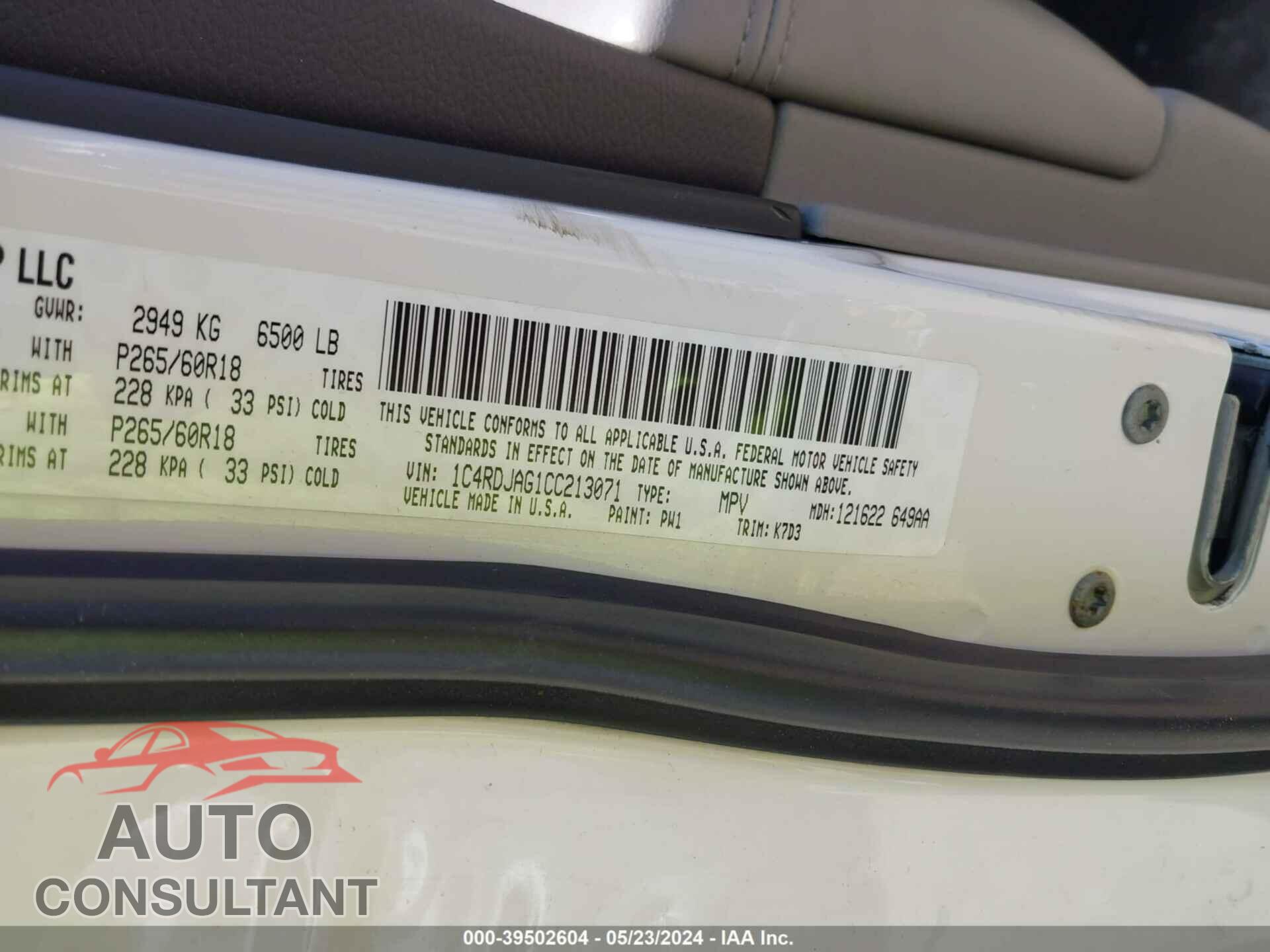 DODGE DURANGO 2012 - 1C4RDJAG1CC213071