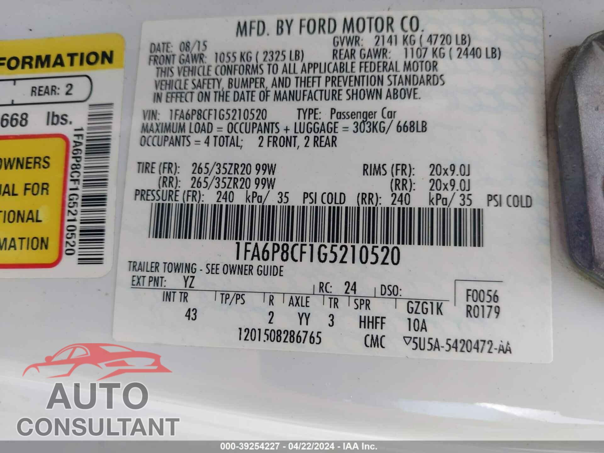 FORD MUSTANG 2016 - 1FA6P8CF1G5210520