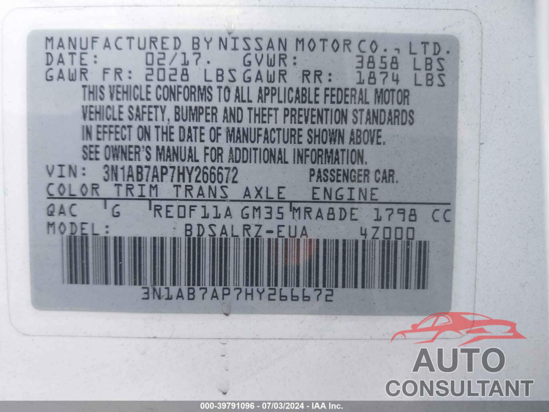 NISSAN SENTRA 2017 - 3N1AB7AP7HY266672