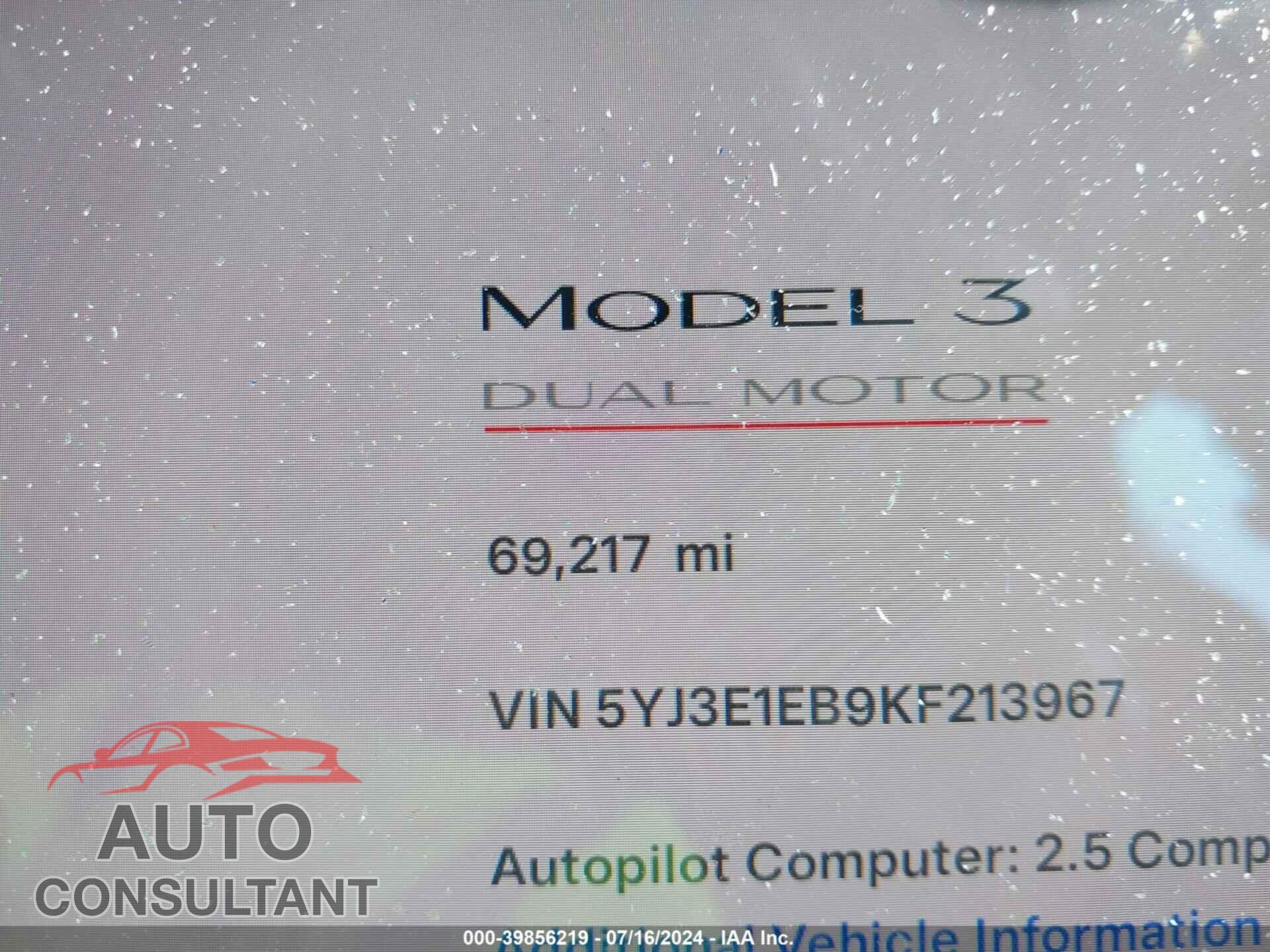 TESLA MODEL 3 2019 - 5YJ3E1EB9KF213967