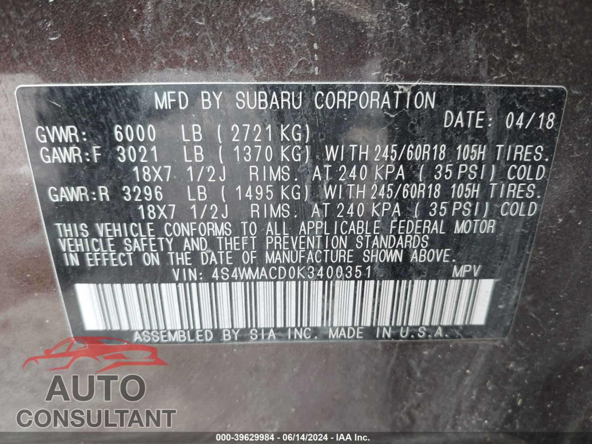 SUBARU ASCENT 2019 - 4S4WMACD0K3400351