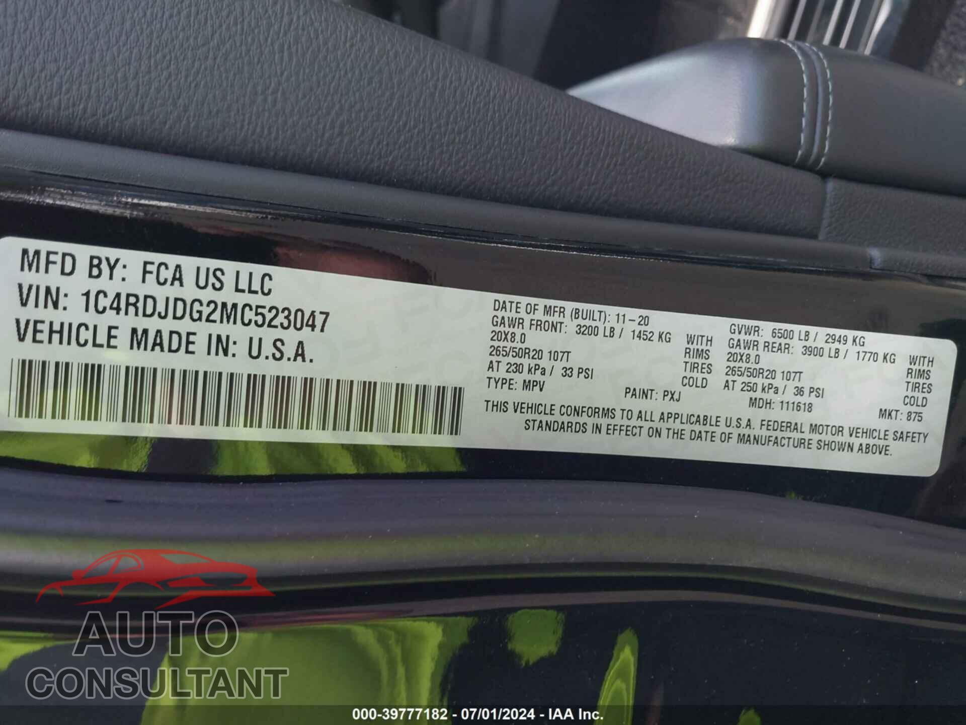 DODGE DURANGO 2021 - 1C4RDJDG2MC523047
