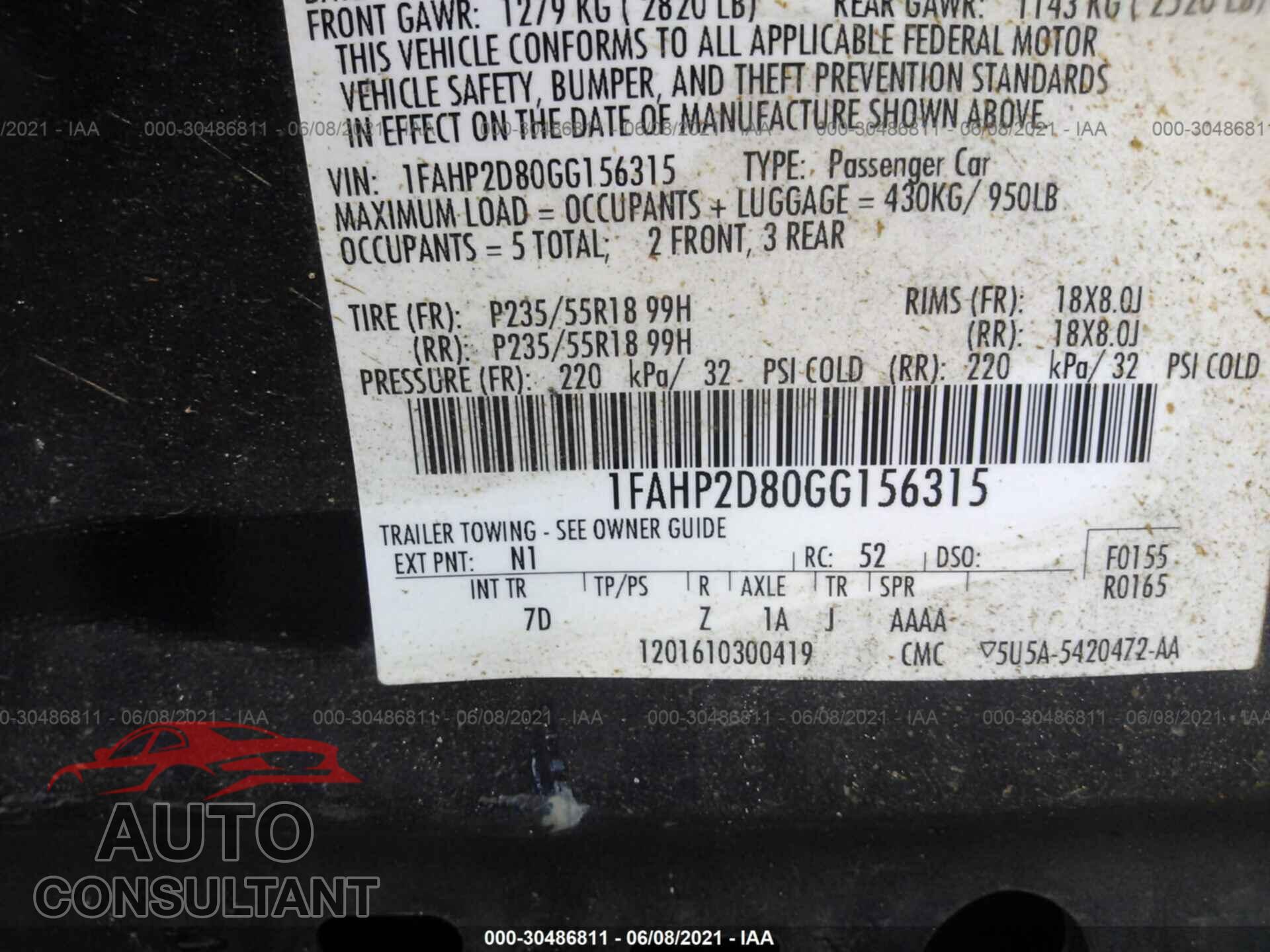 FORD TAURUS 2016 - 1FAHP2D80GG156315