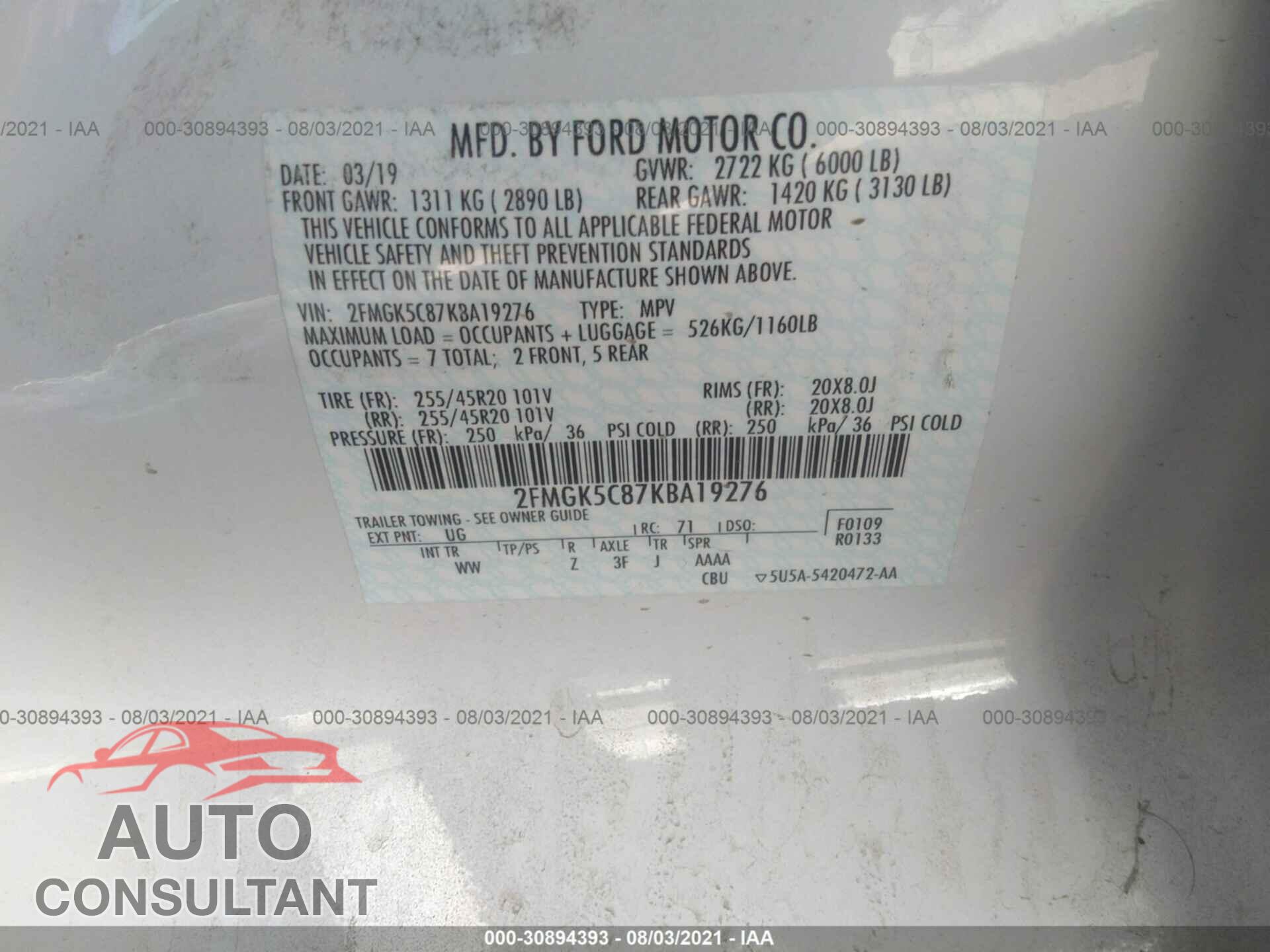 FORD FLEX 2019 - 2FMGK5C87KBA19276