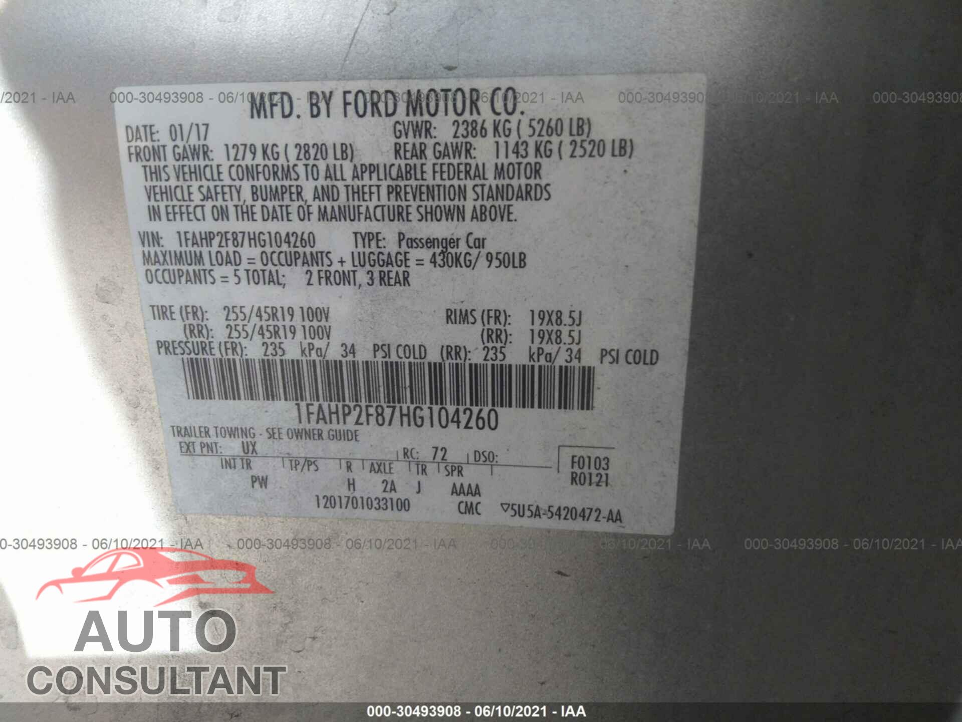 FORD TAURUS 2017 - 1FAHP2F87HG104260