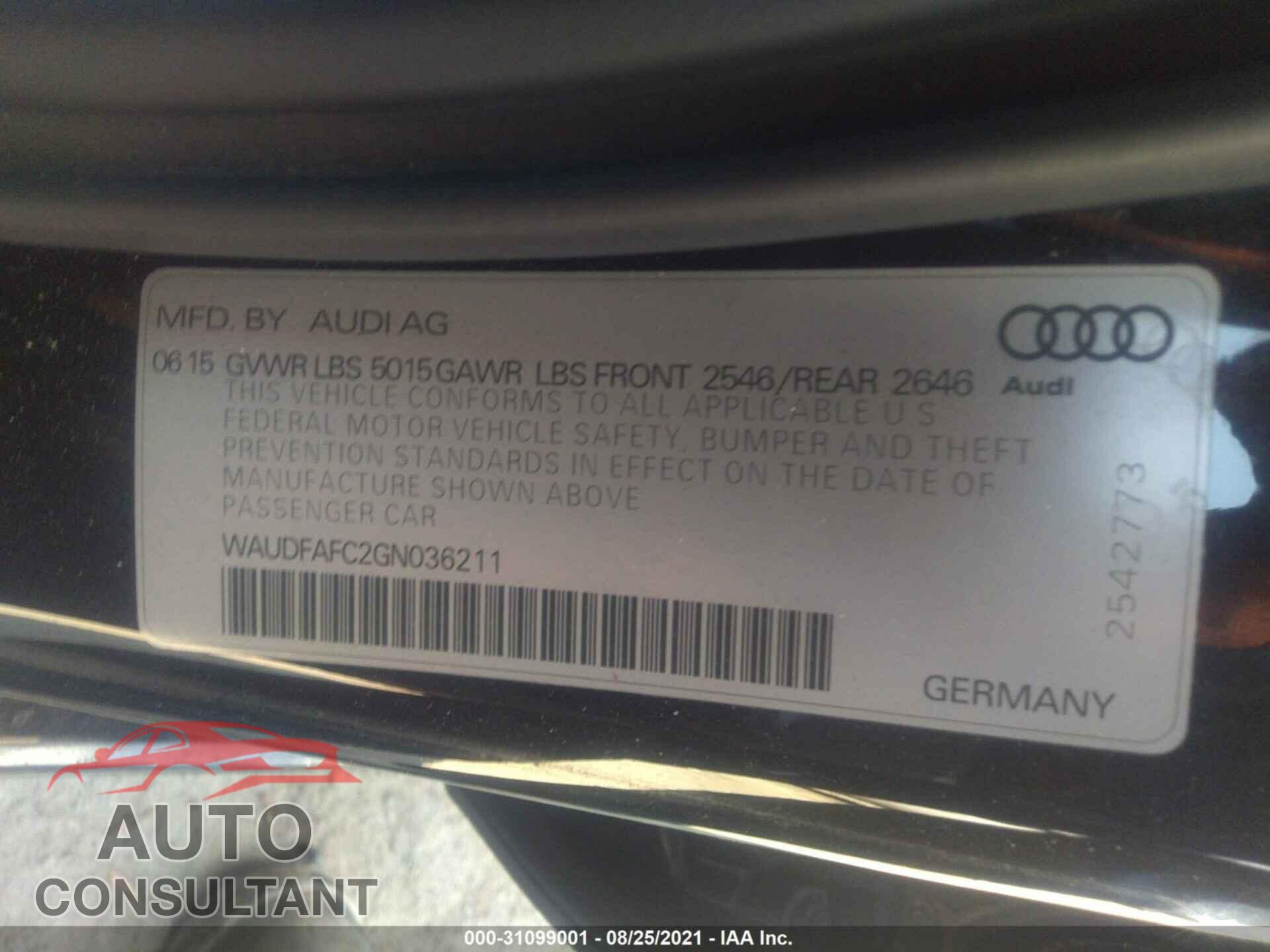 AUDI A6 2016 - WAUDFAFC2GN036211