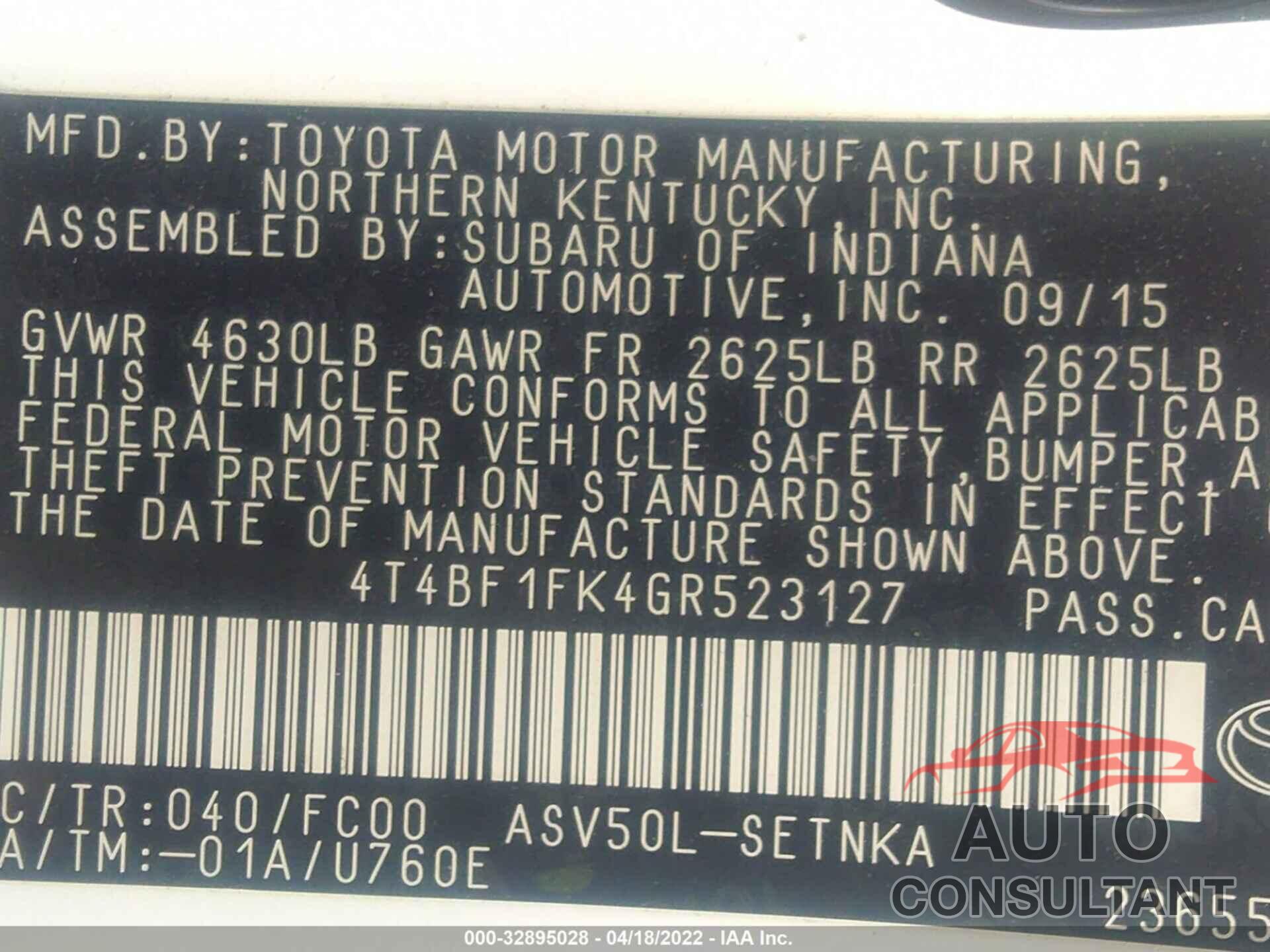 TOYOTA CAMRY 2016 - 4T4BF1FK4GR523127