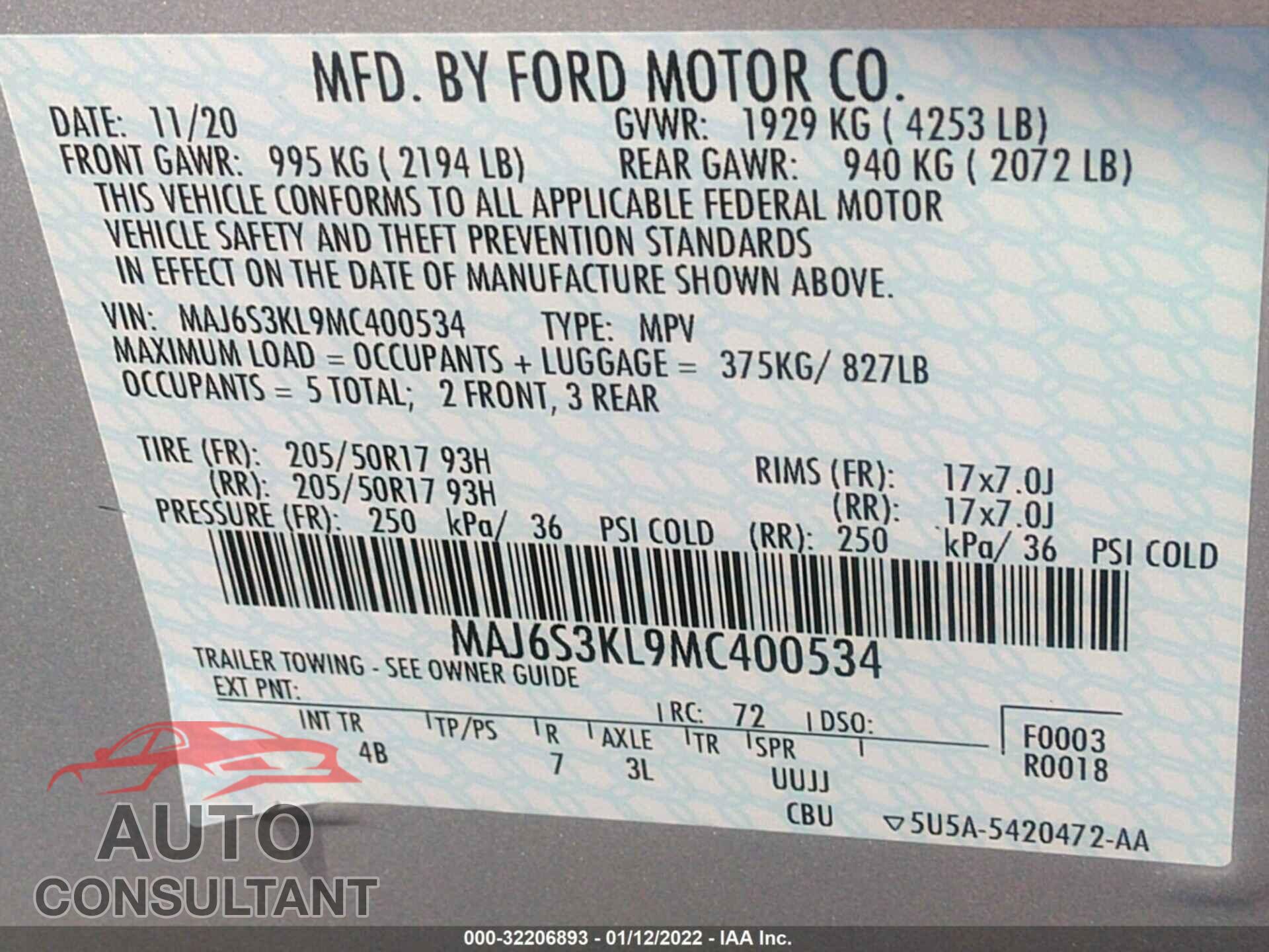 FORD ECOSPORT 2021 - MAJ6S3KL9MC400534