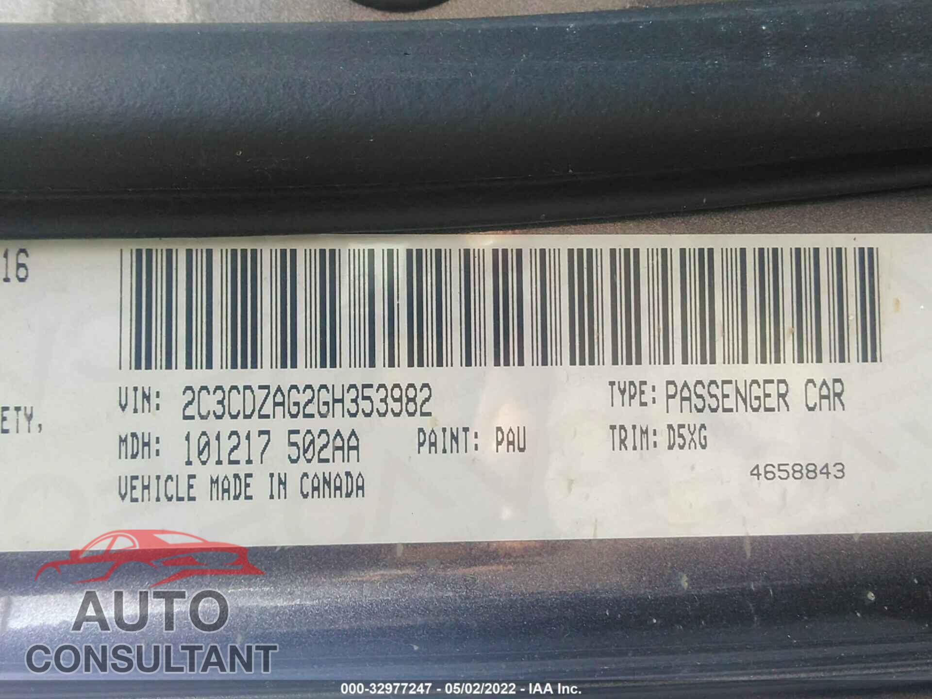 DODGE CHALLENGER 2016 - 2C3CDZAG2GH353982
