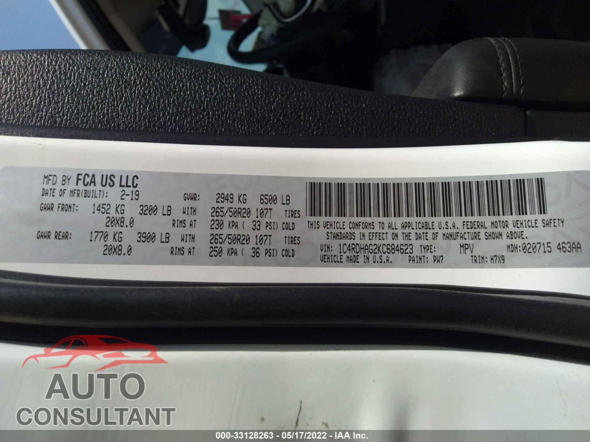DODGE DURANGO 2019 - 1C4RDHAG2KC684623