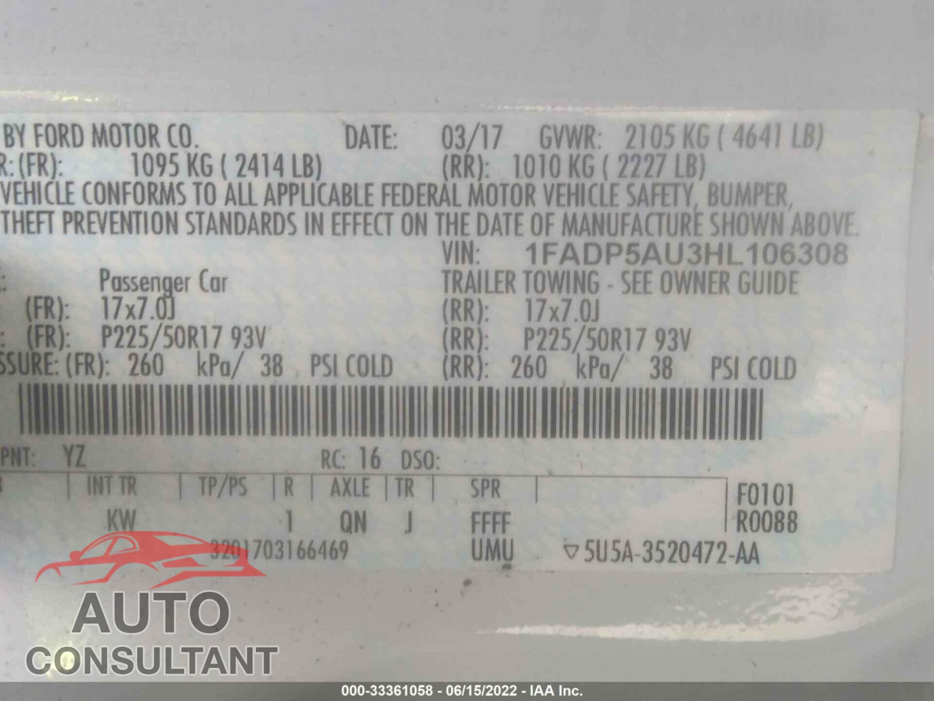 FORD C-MAX HYBRID 2017 - 1FADP5AU3HL106308