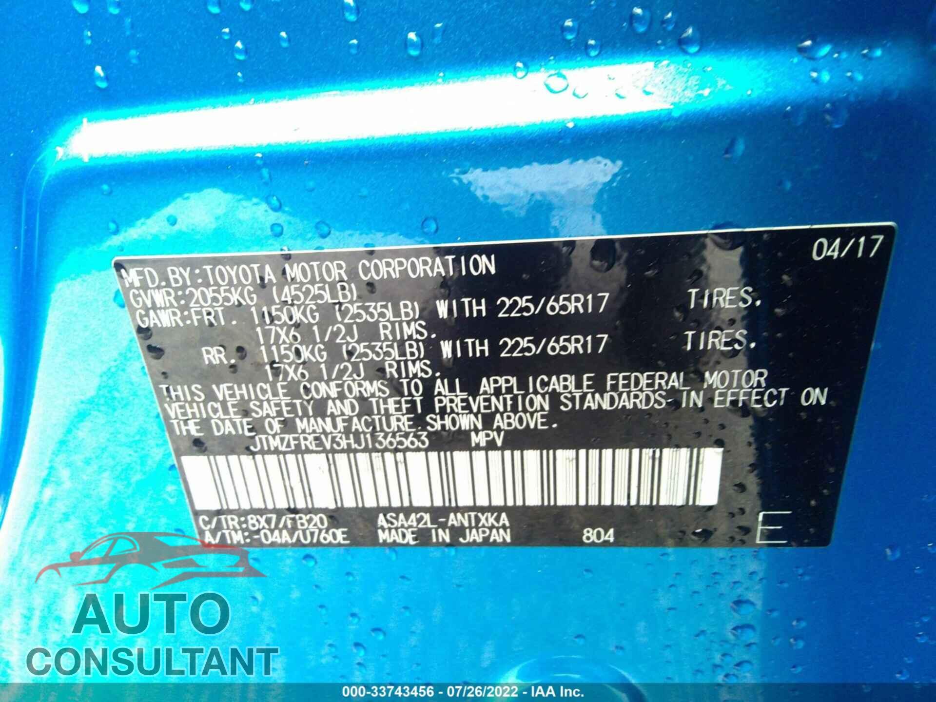 TOYOTA RAV4 2017 - JTMZFREV3HJ136563