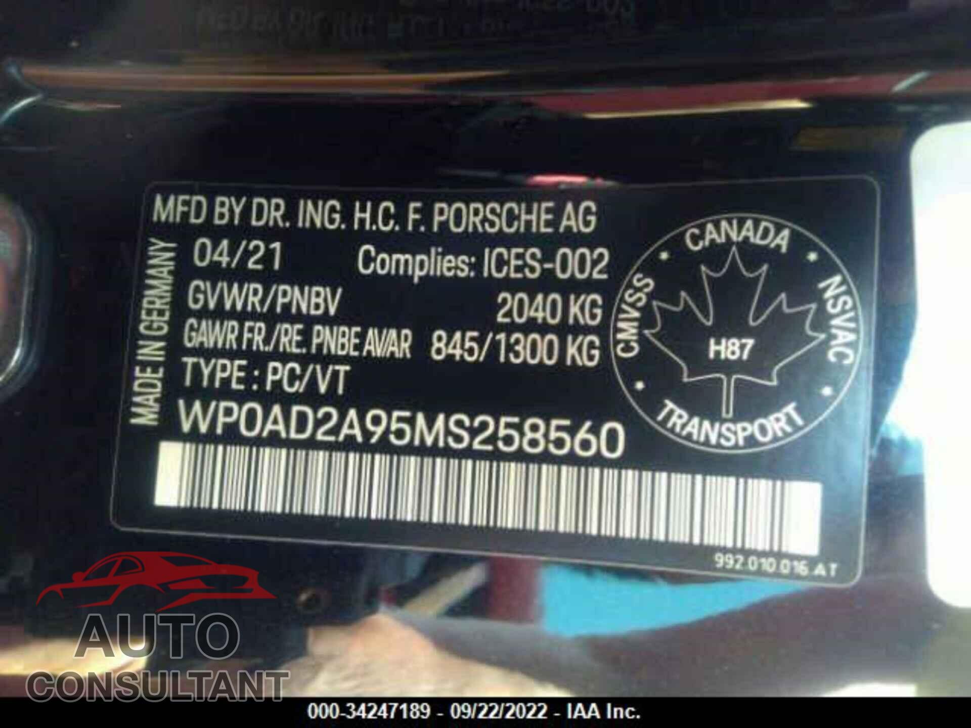 PORSCHE 911 2021 - WP0AD2A95MS258560