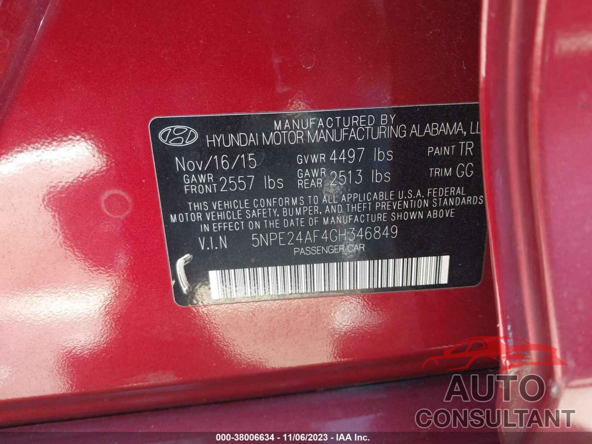 HYUNDAI SONATA 2016 - 5NPE24AF4GH346849