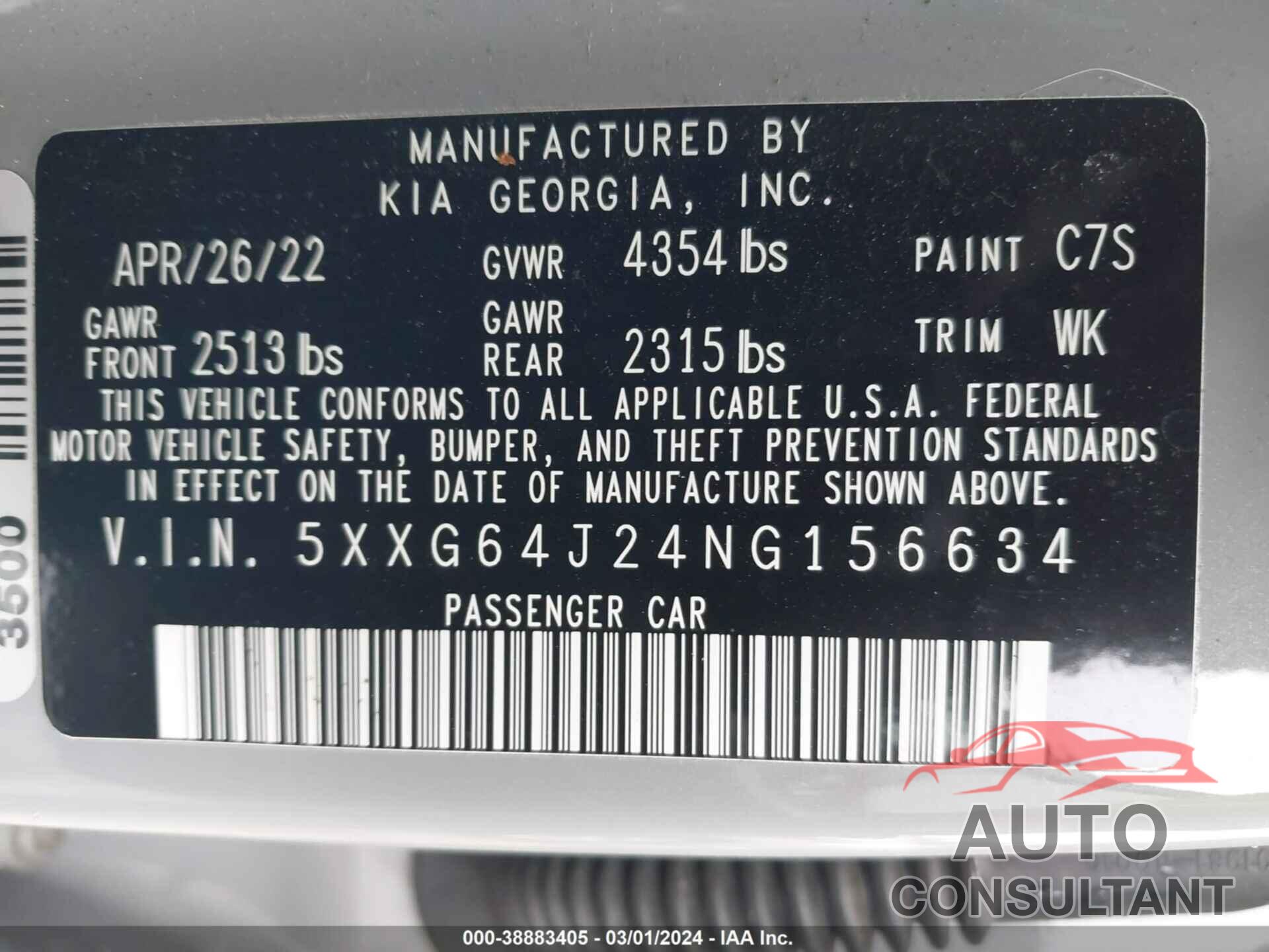 KIA K5 2022 - 5XXG64J24NG156634