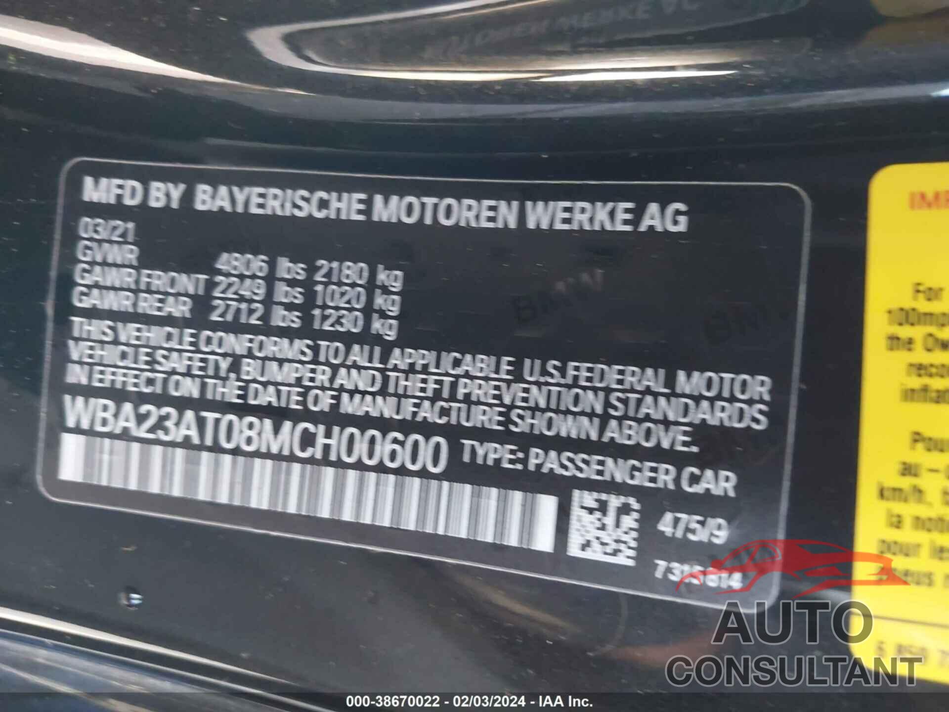 BMW 430I 2021 - WBA23AT08MCH00600