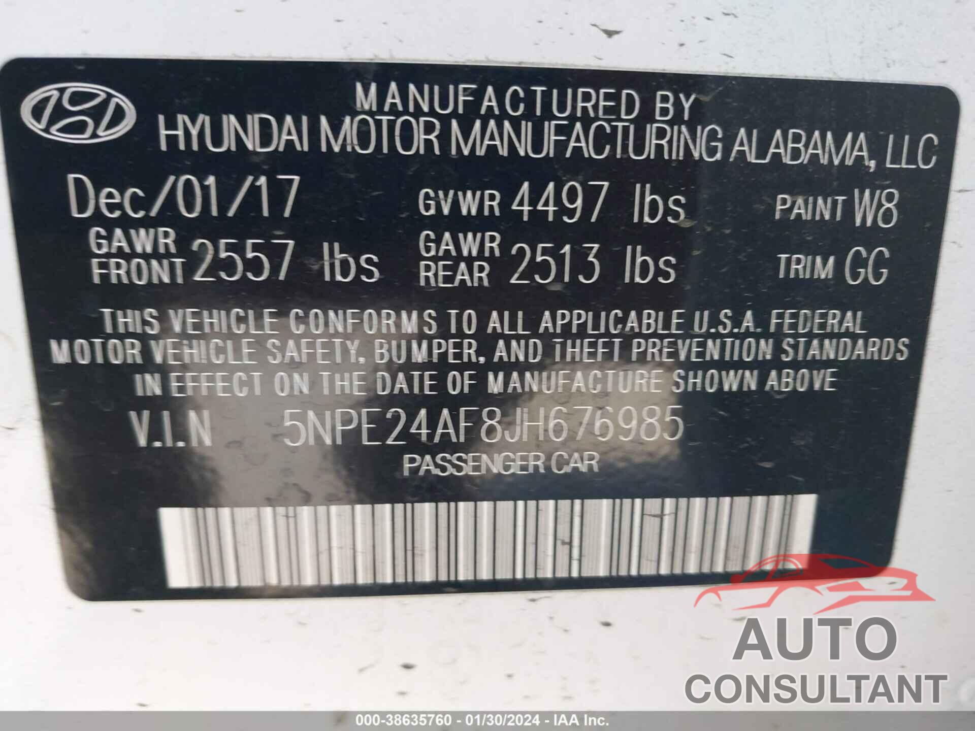 HYUNDAI SONATA 2018 - 5NPE24AF8JH676985