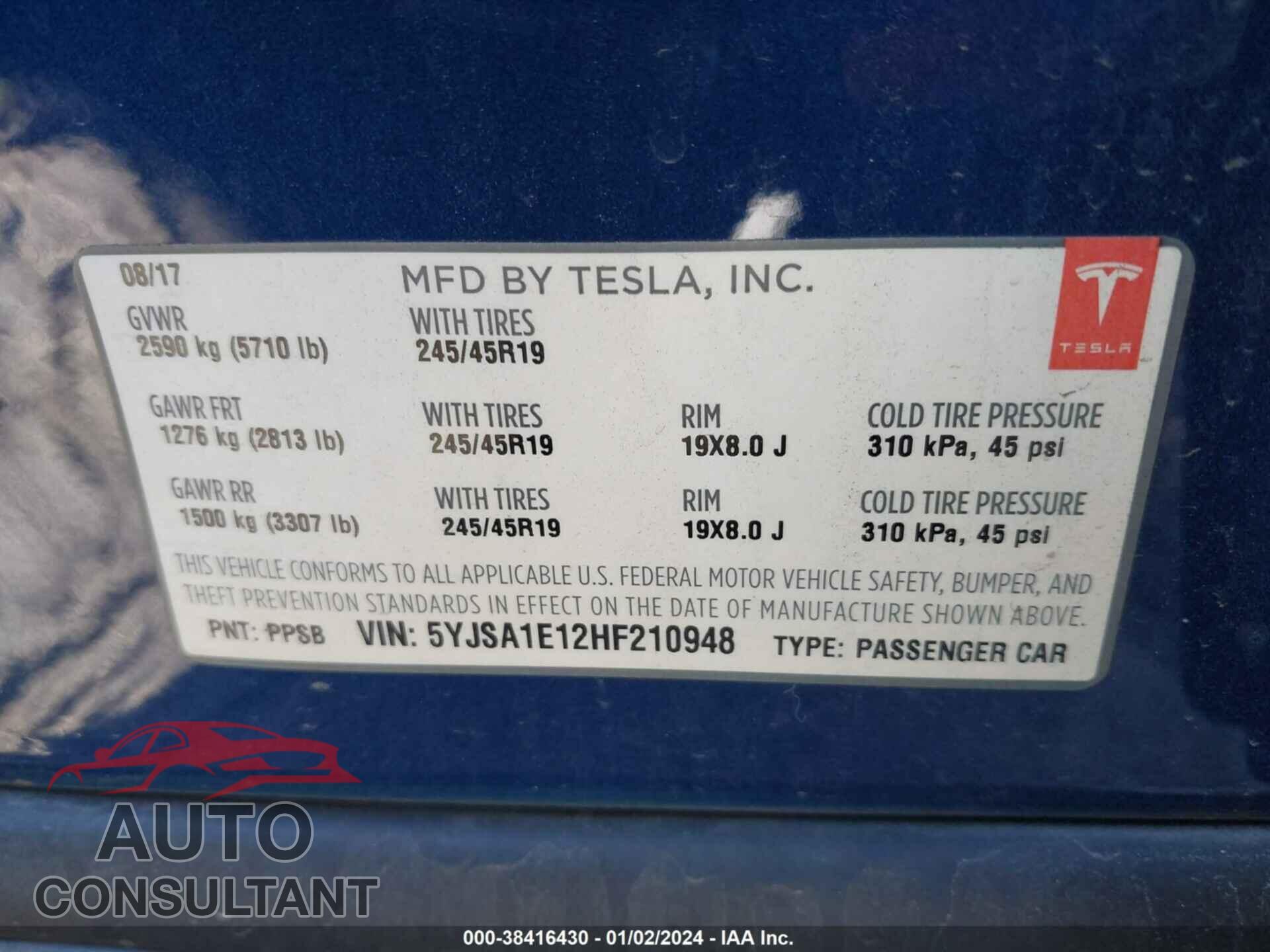 TESLA MODEL S 2017 - 5YJSA1E12HF210948
