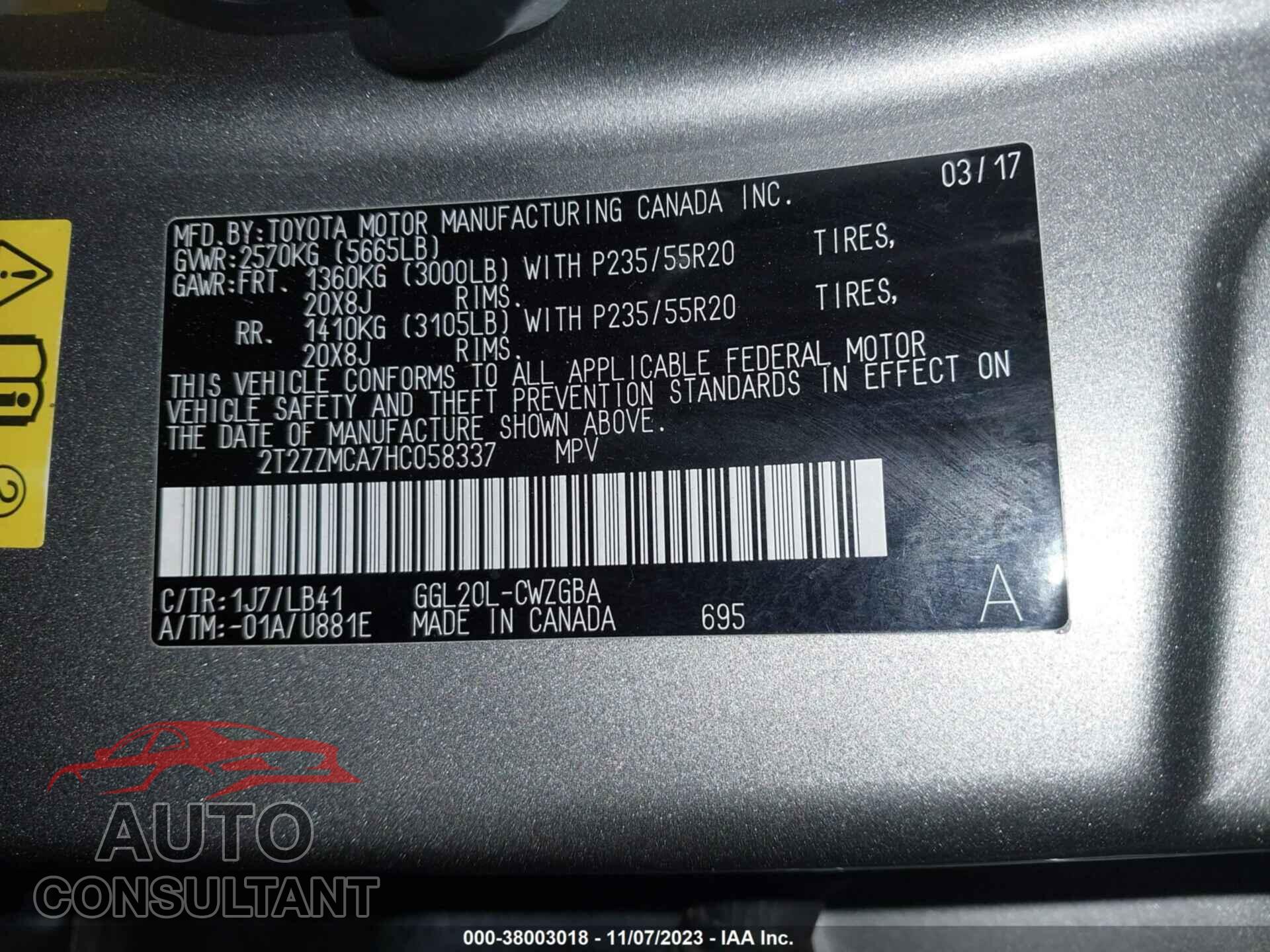 LEXUS RX 2017 - 2T2ZZMCA7HC058337
