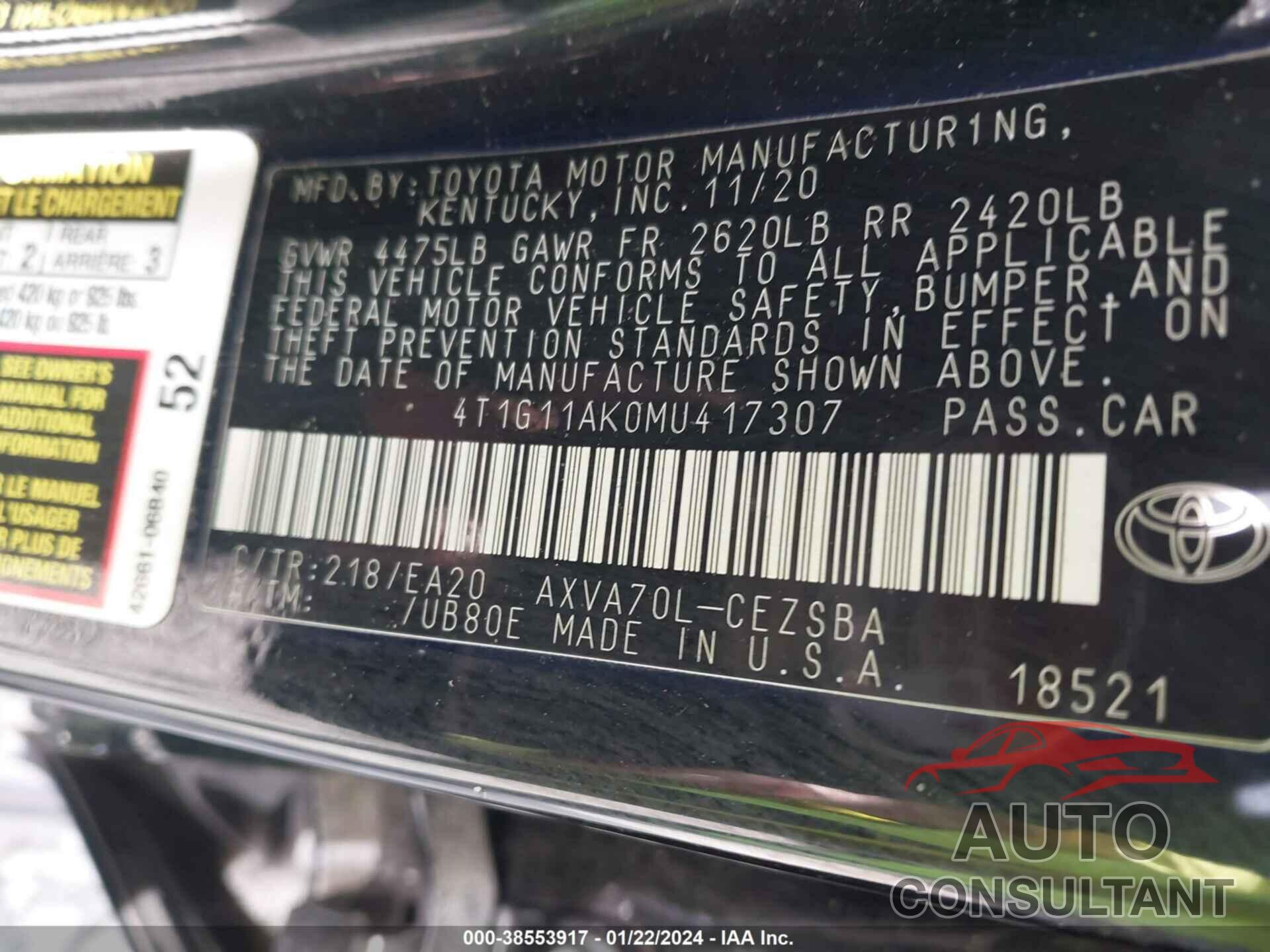 TOYOTA CAMRY 2021 - 4T1G11AK0MU417307